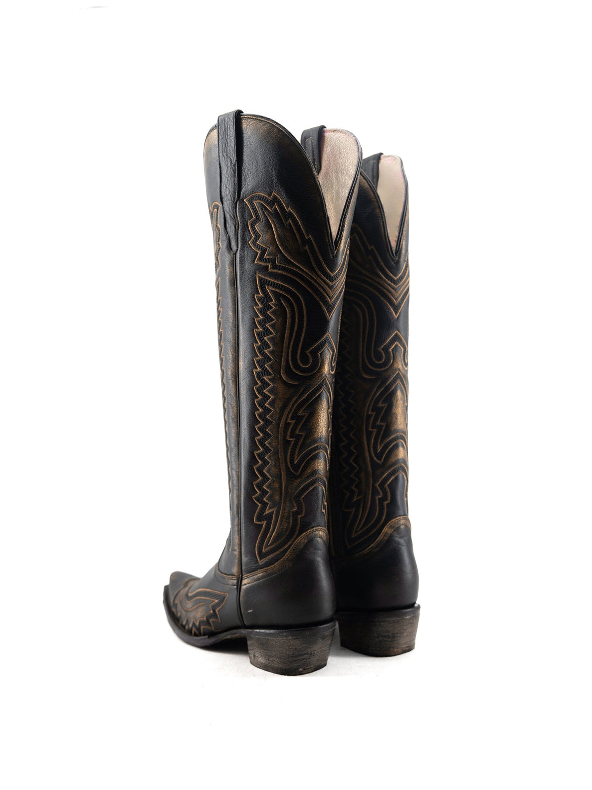 Black Snip-Toe Chic Embroidery Gold Detail Half-Zip Knee High Cowgirl Boots