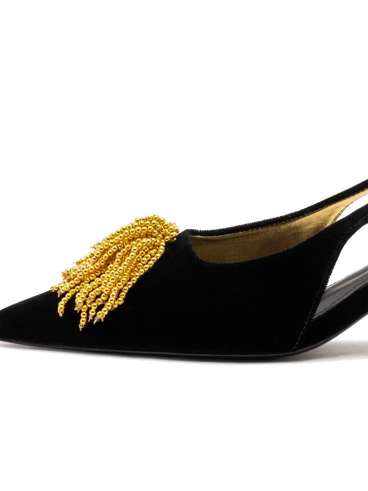 Black Velvet Pointed-Toe Front Beaded Slingback Kitten Heels
