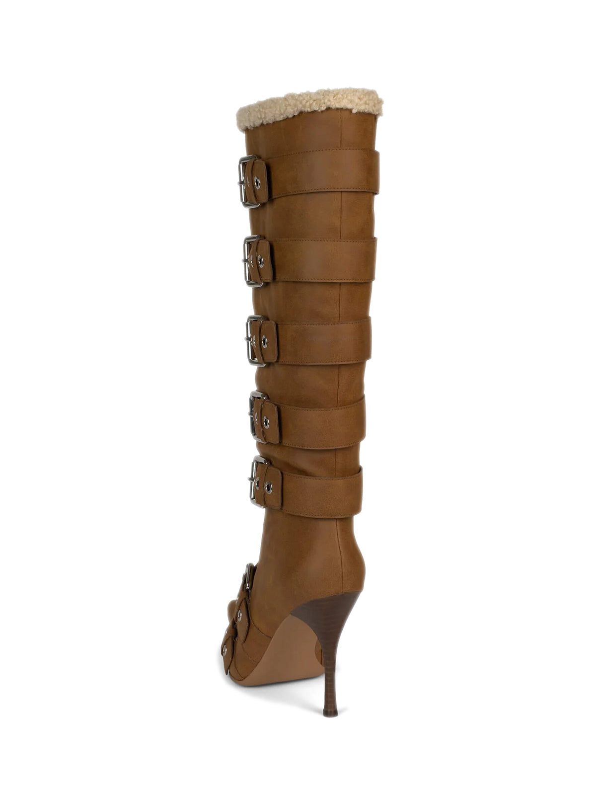 Tan Pointed-Toe Plush Full-Zip Knee High Stiletto Boots With Buckles