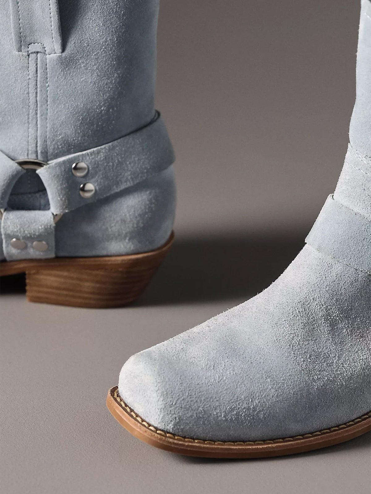 Blue Faux Suede Square-Toe Buckles Cowgirl Ankle Boots