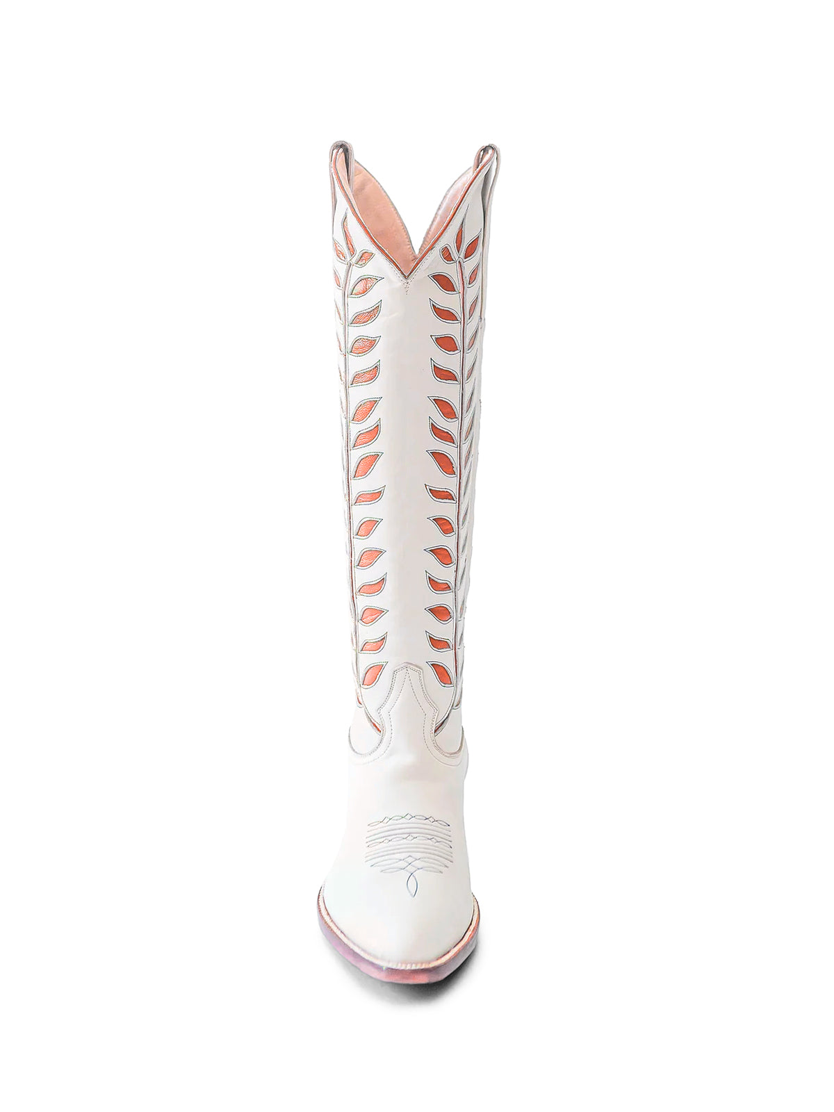 Almond-Toe Orange Leaves Inlay Wide Calf Tall Knee High Cowgirl Boots - White