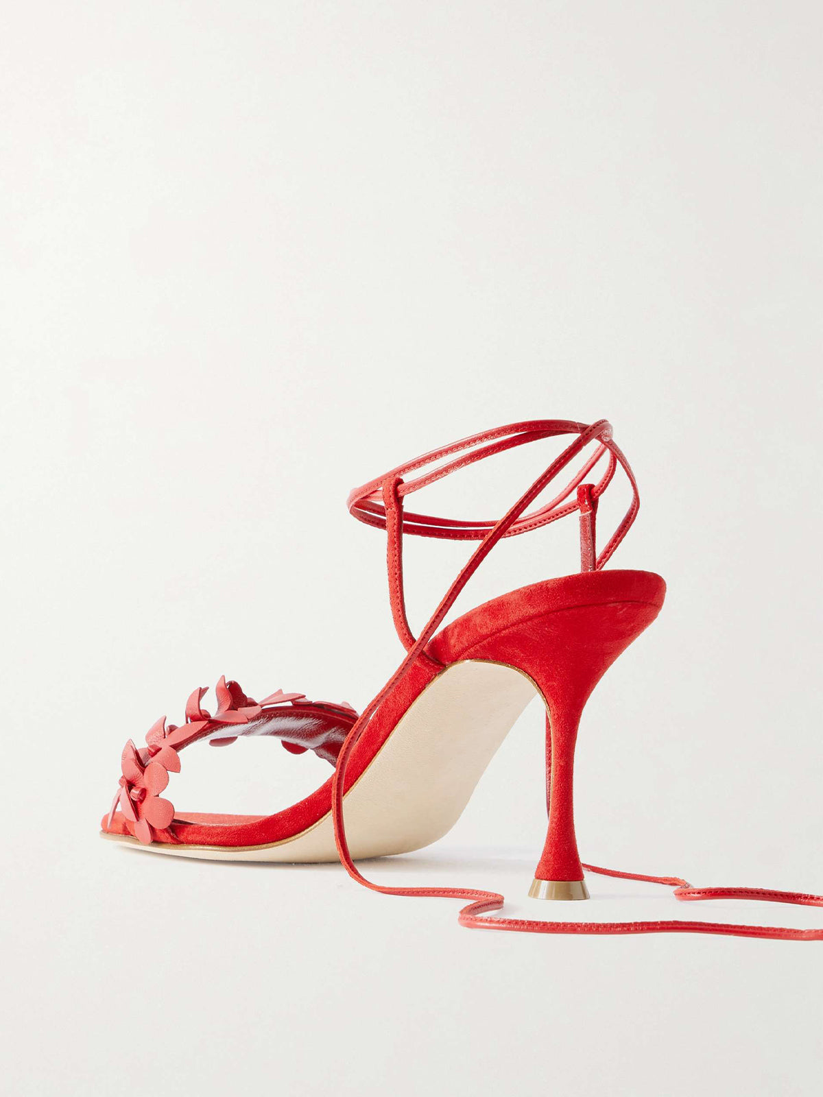 Red Faux Suede Round-Toe Flowers Applique Ankle Strap High Heels