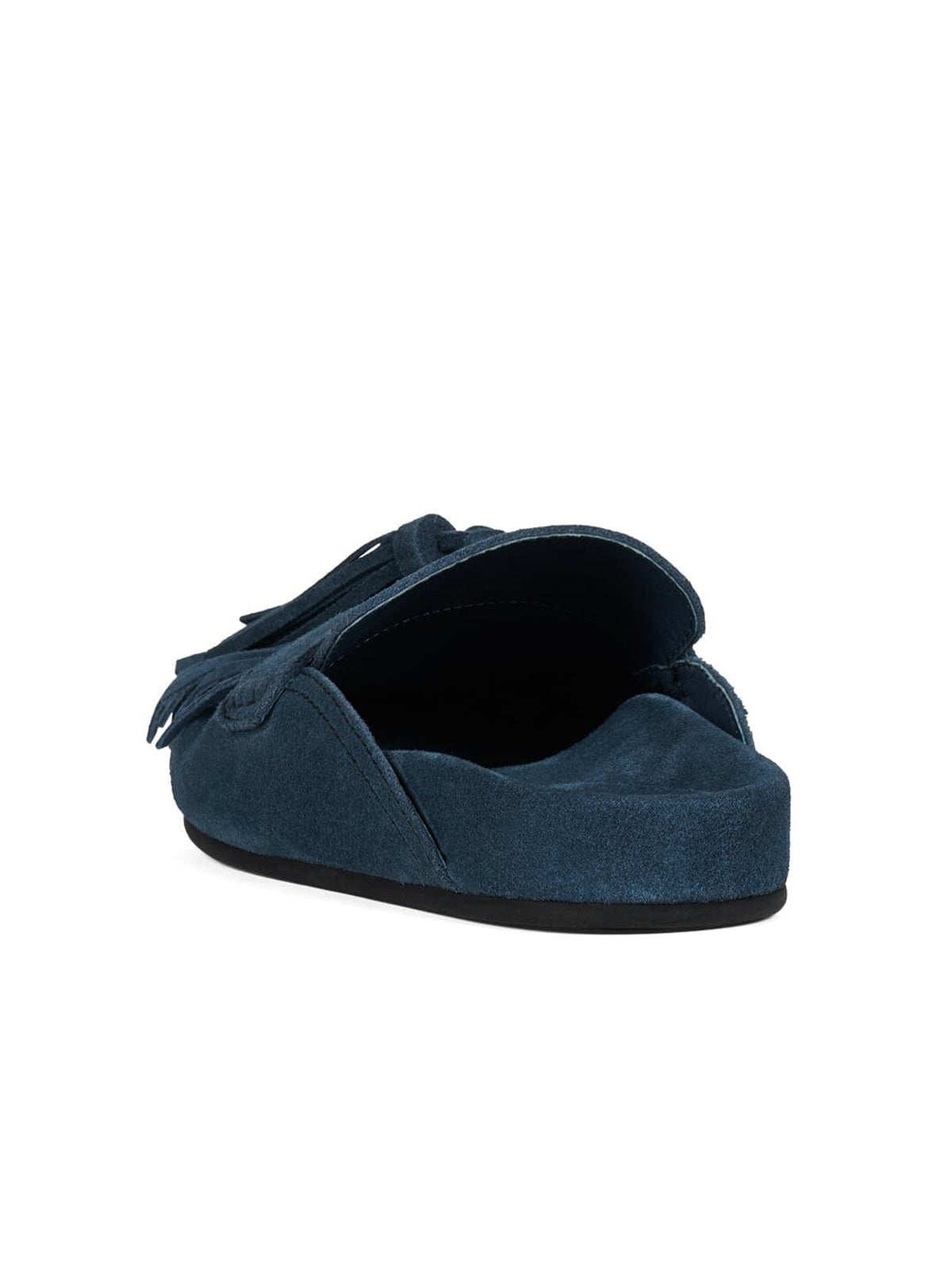 Blue Faux Suede Round-Toe Front Fringe Backless Slip-On Flats