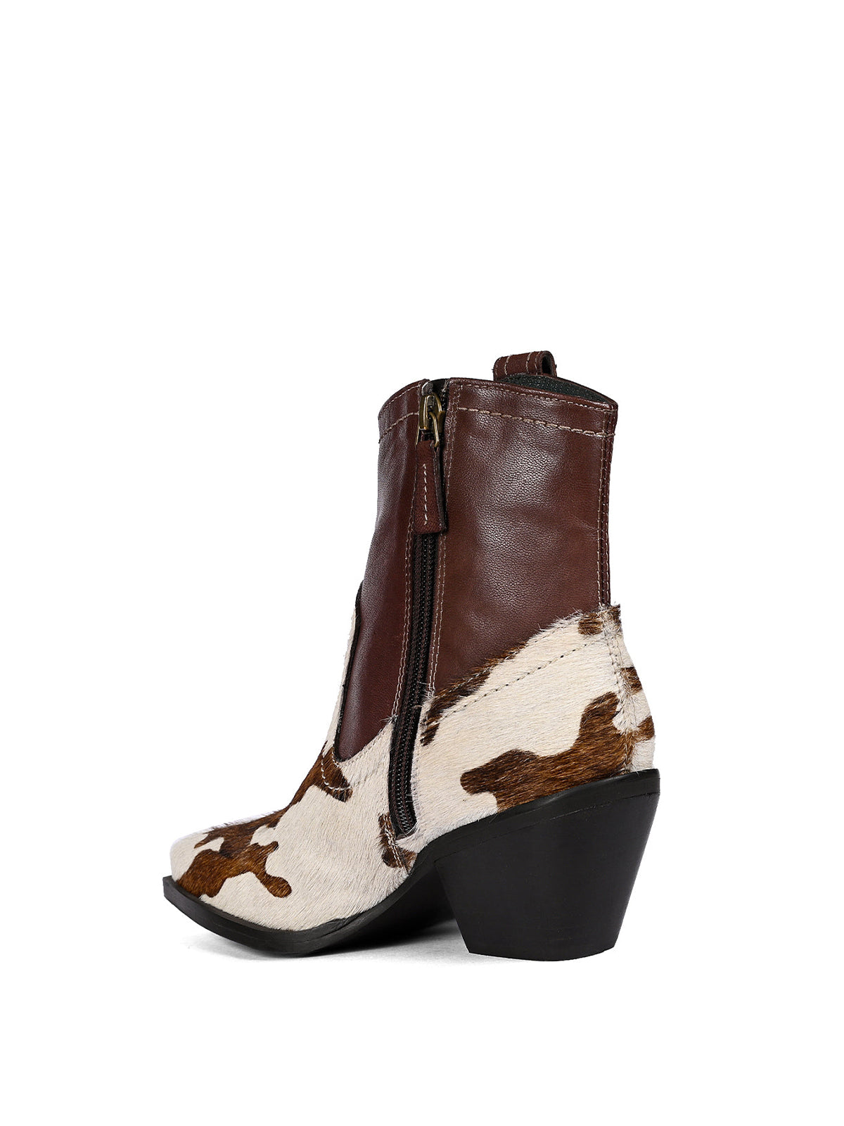 Cow Print Pony Hair Vegan Leather Snip-Toe Full-Zip Ankle Cowgirl Boots