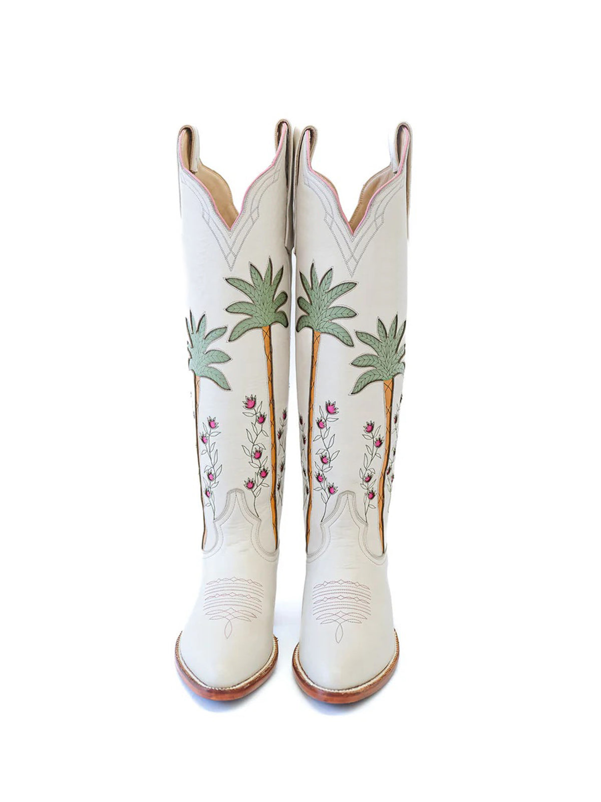 White Almond-Toe Palm And Flowers Inlay Wide Calf Tall Knee High Cowgirl Boots