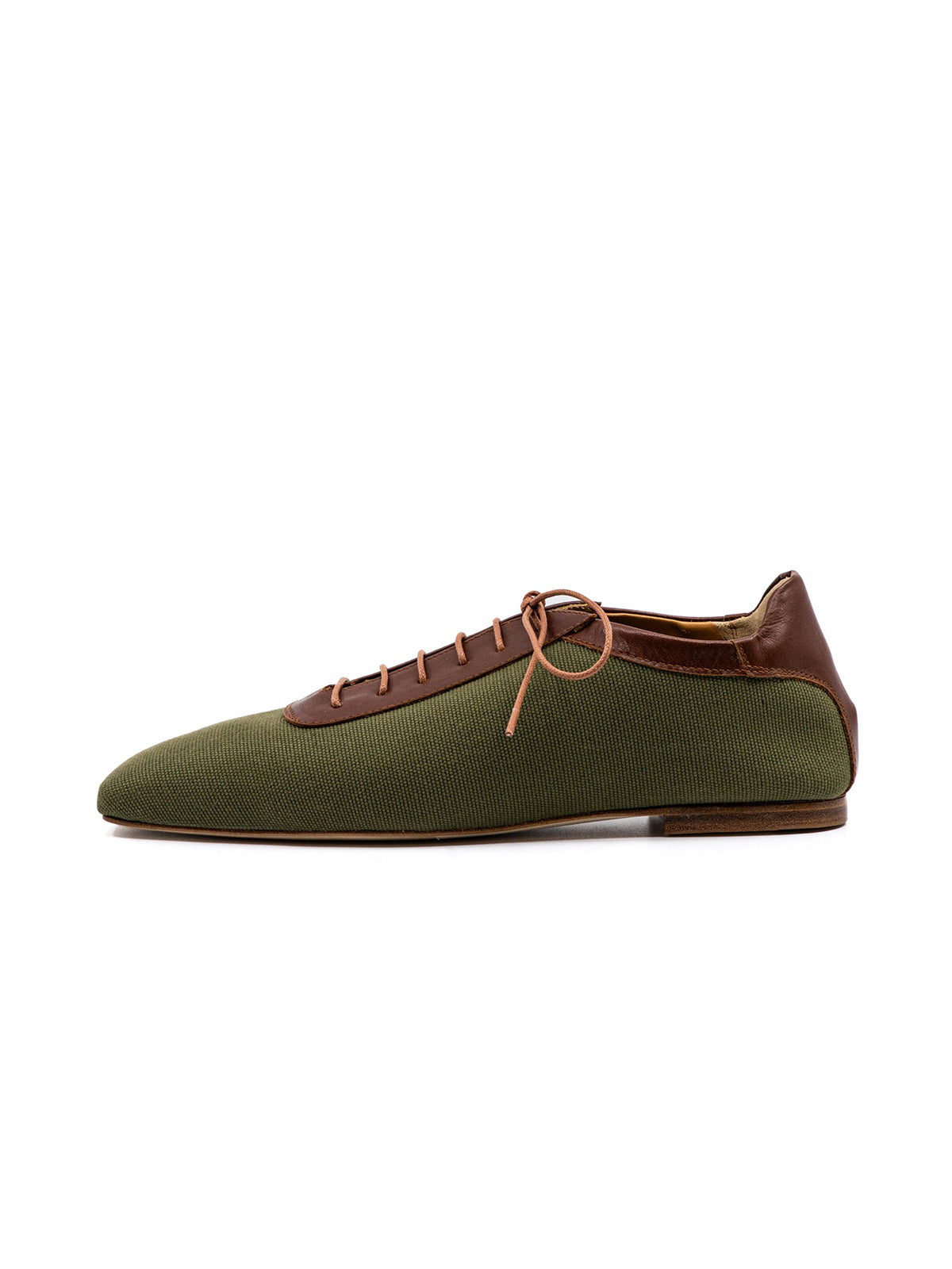 Green Canvas And Cognac Vegan Leather Square-Toe Lace-Up Flats