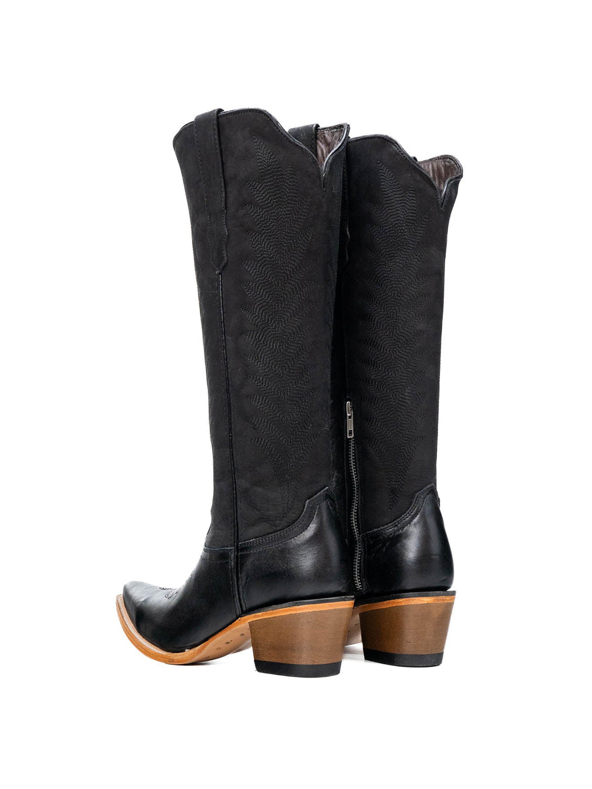 Black Faux Suede And Vegan Leather Snip-Toe Embroidery Half-Zip Knee High Chic Cowgirl Boots
