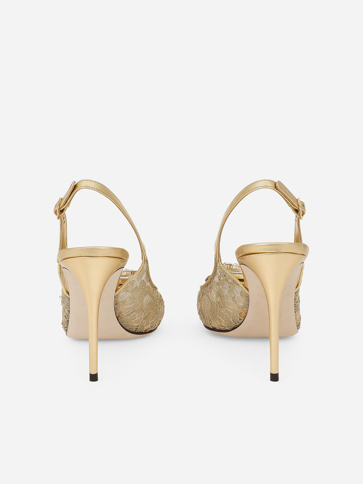 Gold Lace Mesh Pointed-Toe Front Crystals Slingback High Heels Pumps
