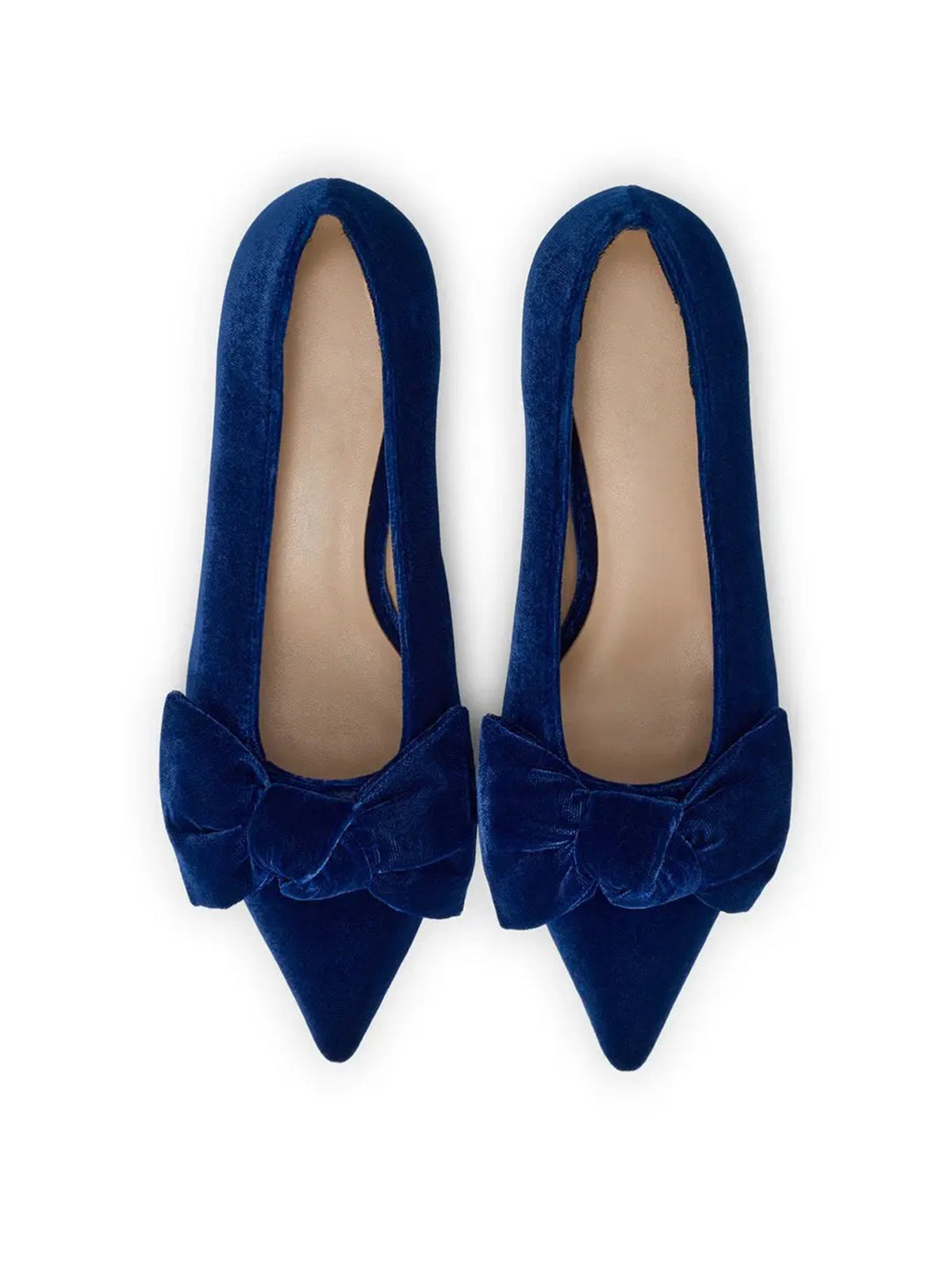 Navy Velvet Pointed-Toe Front Oversized Bow Slip-On Kitten Heels