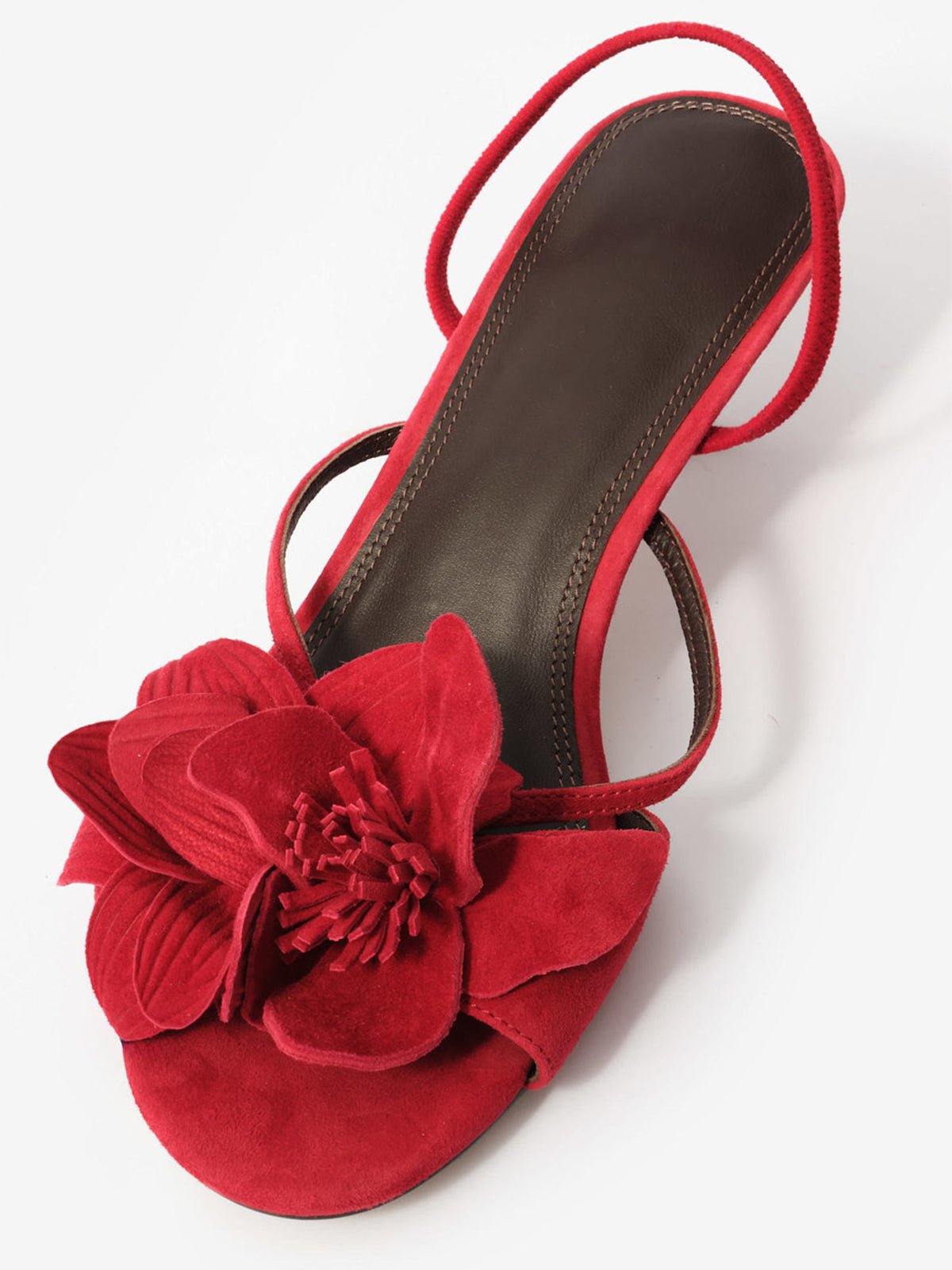 Red Cow Suede Round-Toe Front 3D Flower Detail Back Strap Kitten Heels