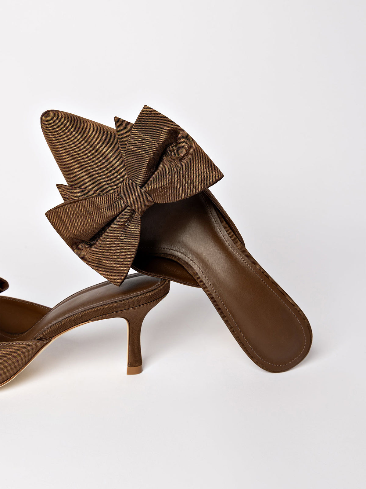 Cinnamon Satin Pointed-Toe Big Front Bow High Heels