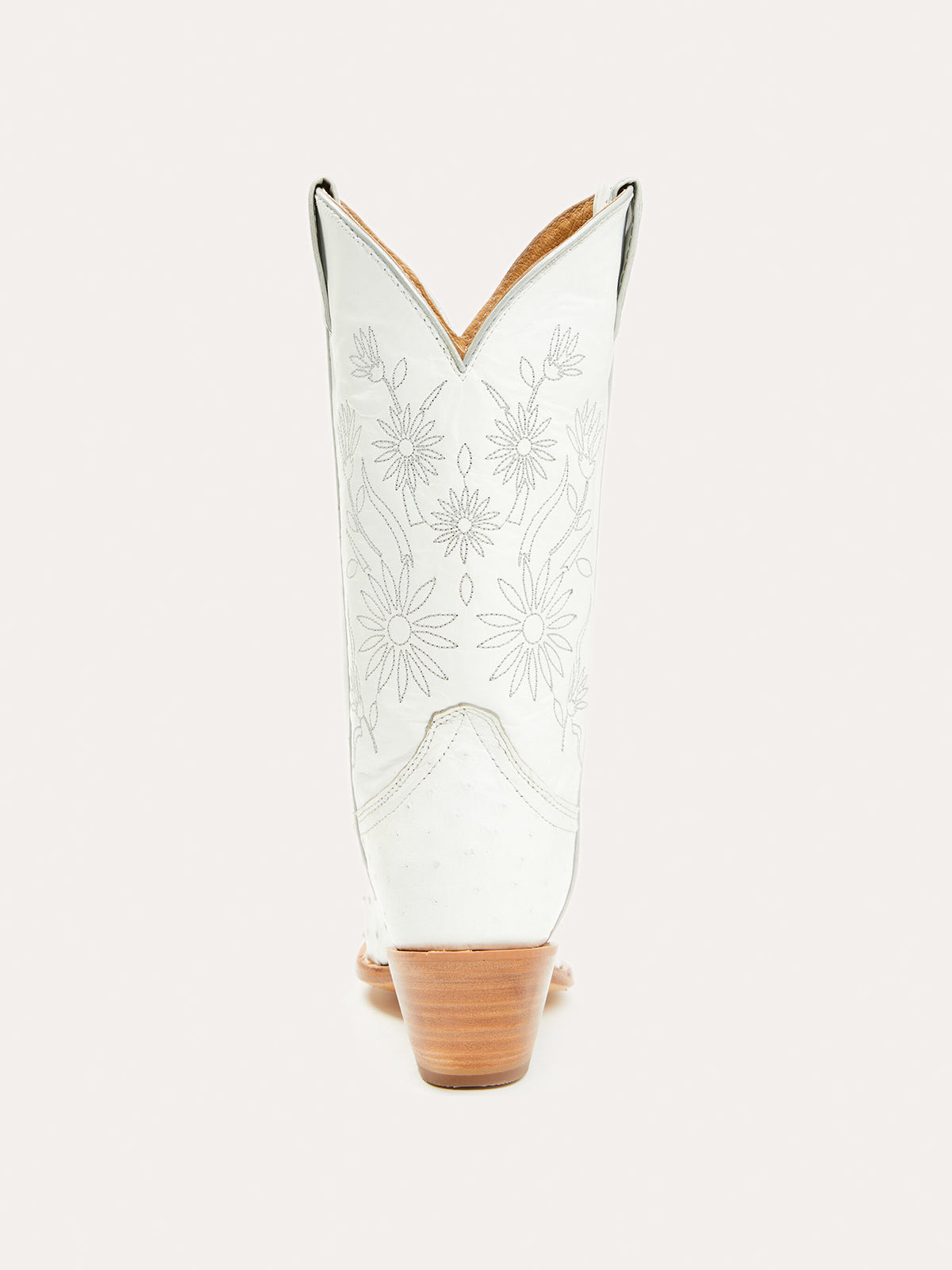 Contrast White And Ostrich Print Snip-Toe Plants Embroidery Mid Calf Cowgirl Boots