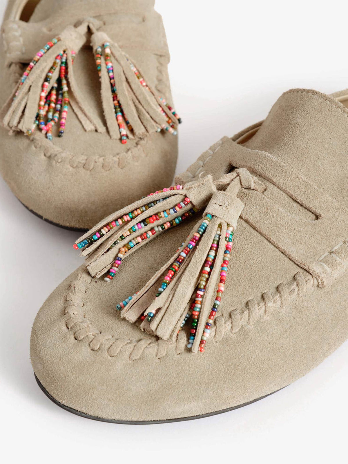 Taupe Cow Suede Round-Toe Front Fringe Chic Loafers Slip-On Flats