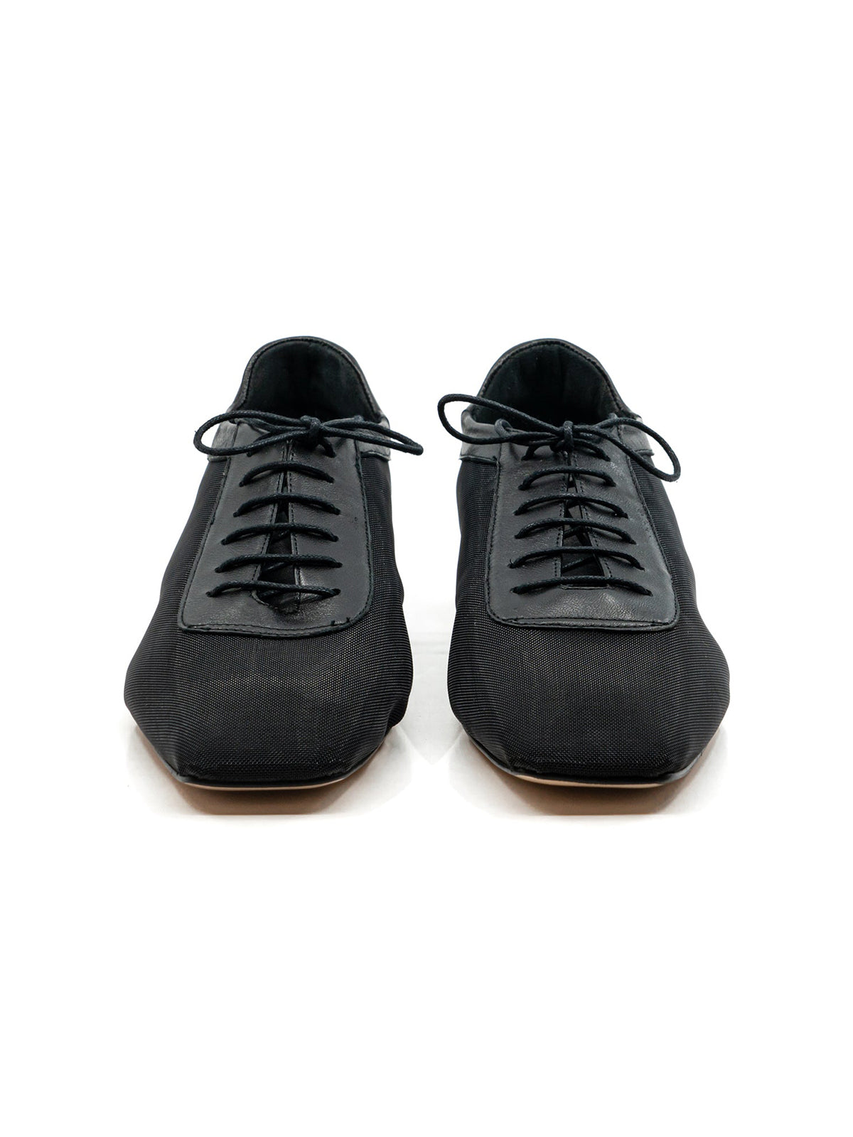 Black Mesh And Vegan Leather Square-Toe Lace-Up Simple Flats