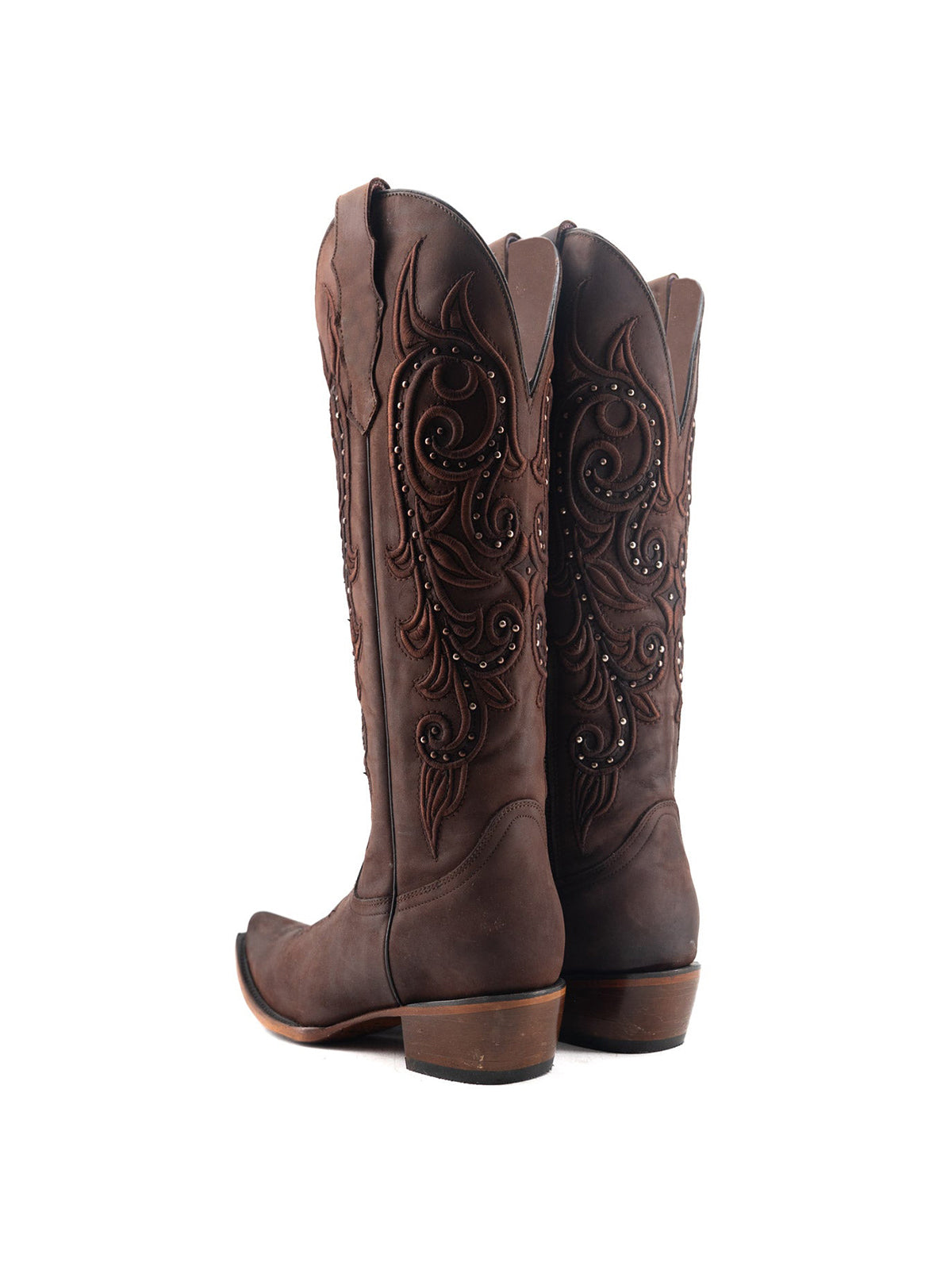 Snip-Toe Embroidery And Studs Half-Zip Knee High Cowgirl Boots For Woman - Coffee