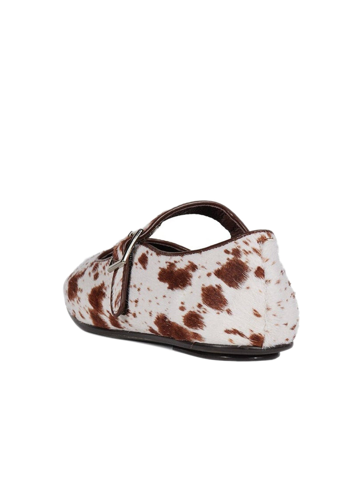 Tan Cow Print Faux Pony Hair Square-Toe Bridge Strap Ballet Flats