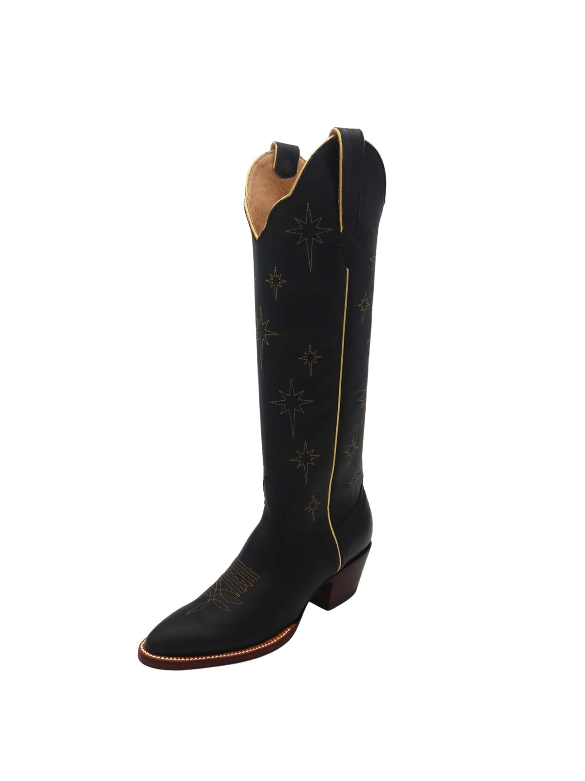 Black Almond-Toe North Stars Embroidery Wide Calf Knee High Cowgirl Boots