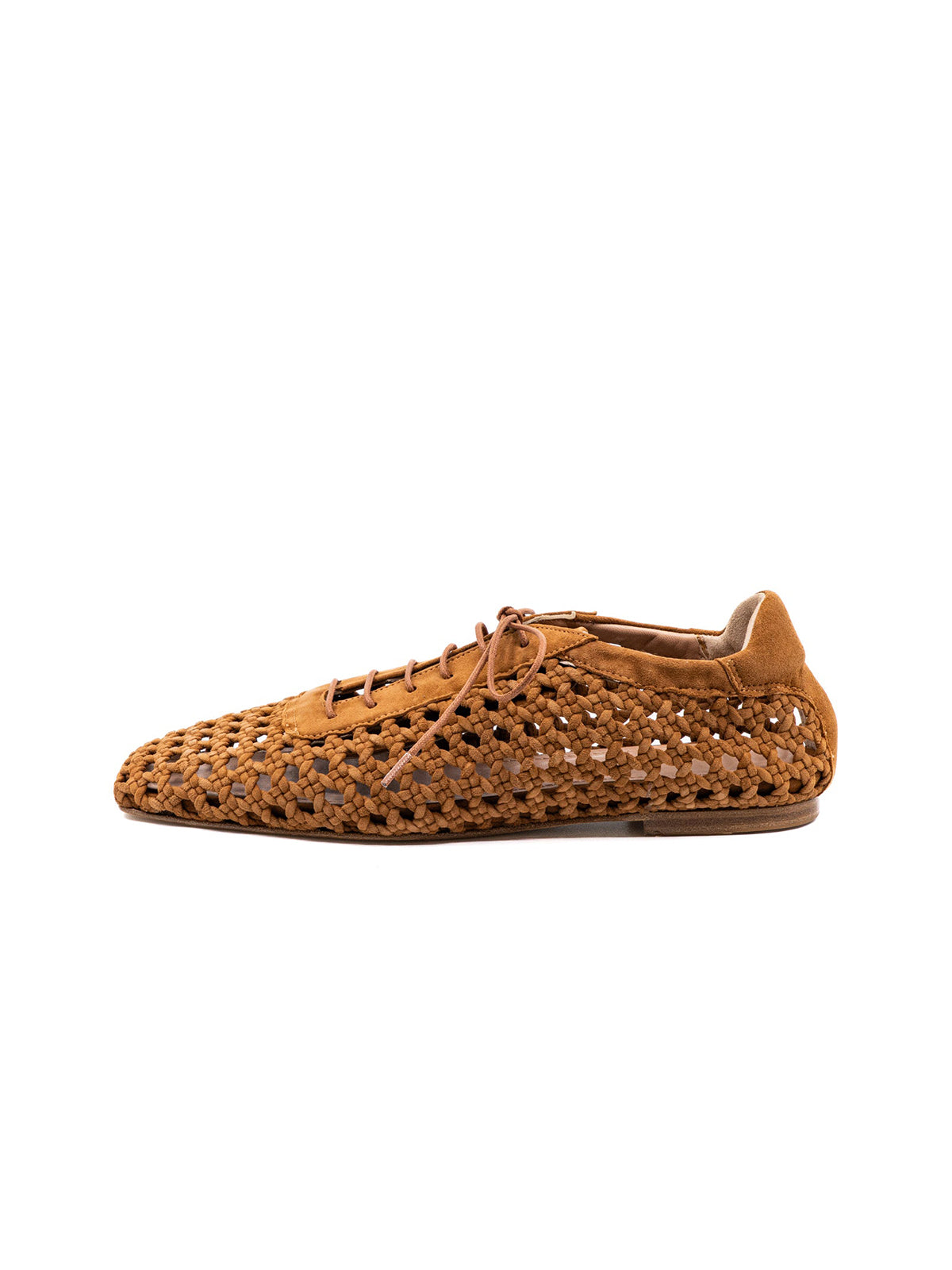 Brown Woven Faux Suede Square-Toe Lace-Up Chic Flats