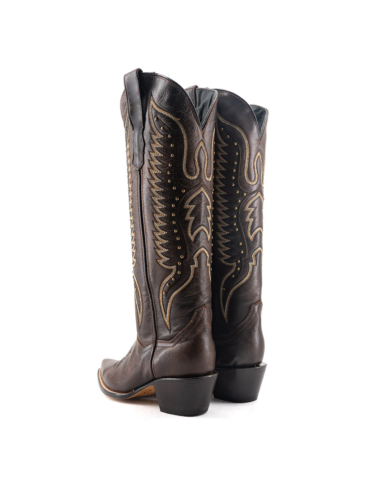 Western Snip-Toe Wings Embroidery And Studs Wide Calf Knee High Cowgirl Boots - Brown