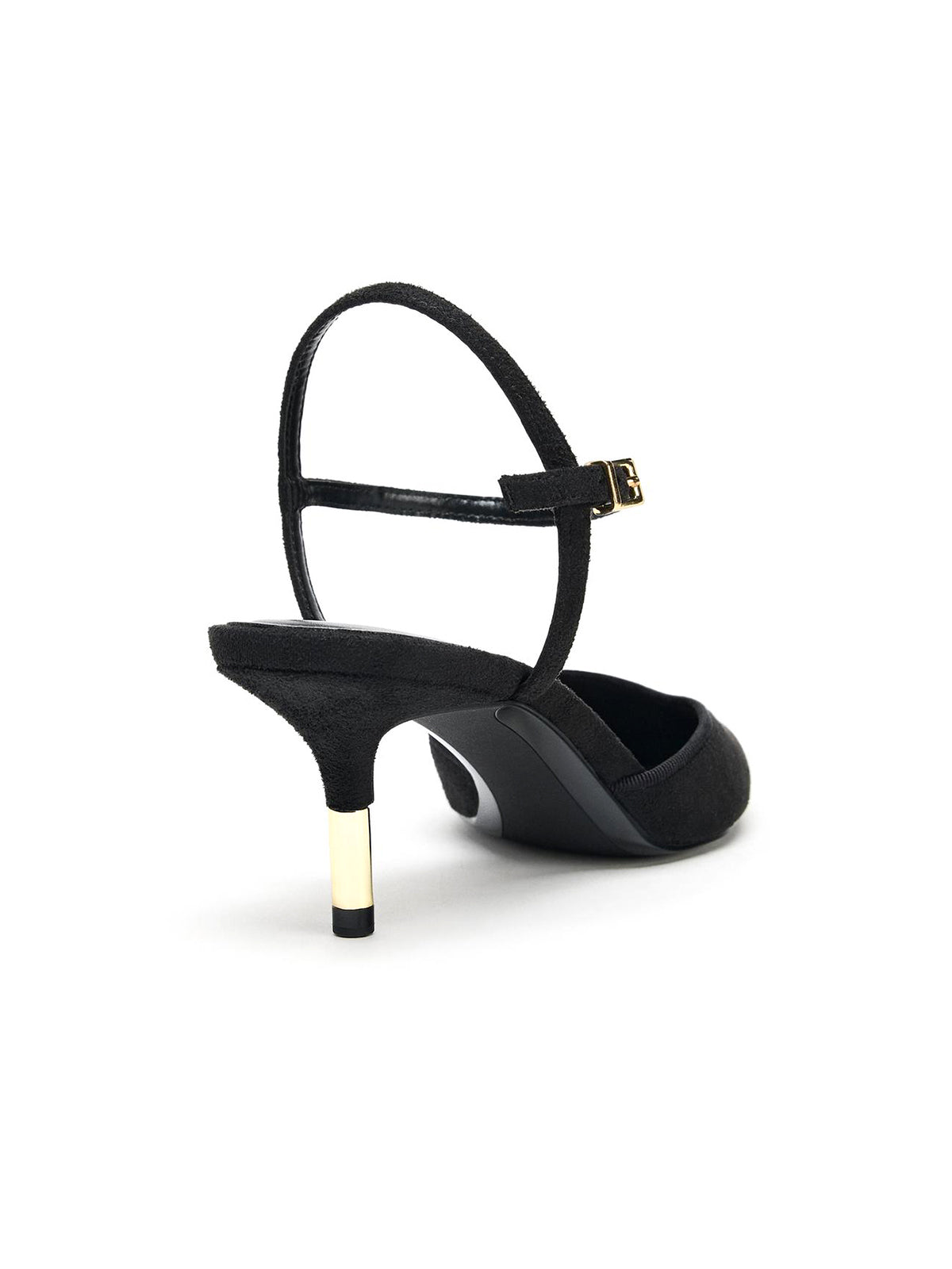 Black Faux Suede Pointed-Toe Ankle Strap With Buckle Slingback Kitten Heels