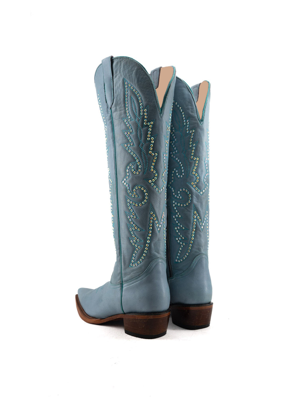 Studs And Embroidery Snip-Toe Classic Half-Zip Knee High Cowgirl Boots – Sky Blue