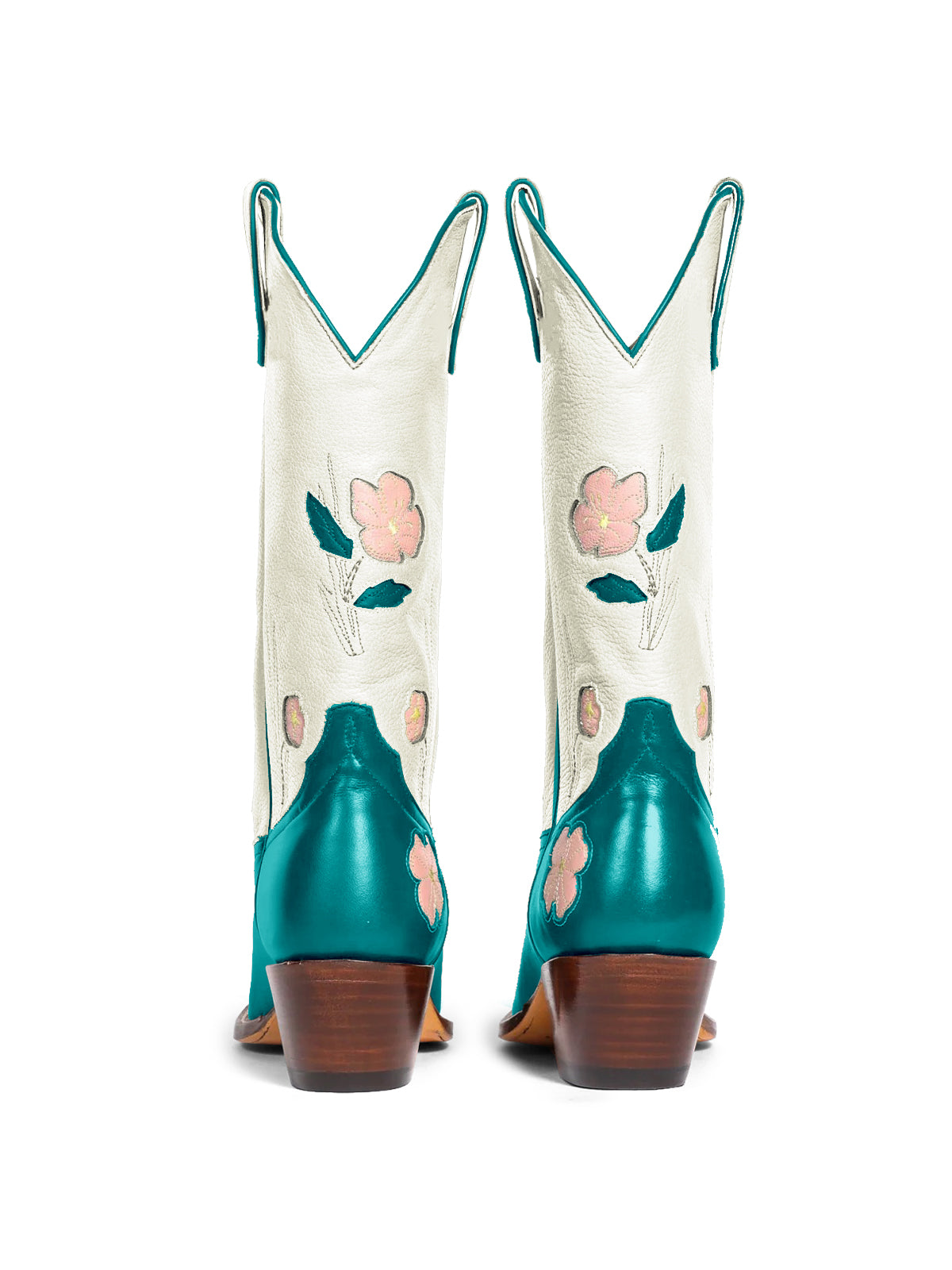 Contrast White And Turquoise Almond-Toe Fresh Flower Inlay Mid Calf Cowgirl Boots