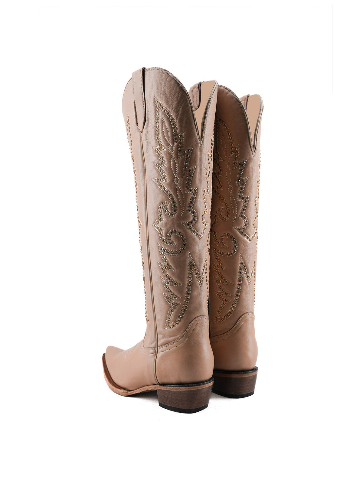 Studs And Embroidery Snip-Toe Classic Half-Zip Knee High Cowgirl Boots – Nude