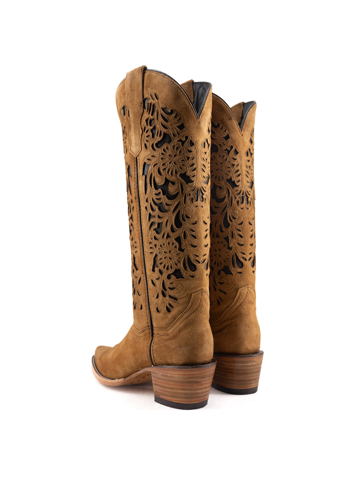 Tan Faux Suede Snip-Toe Chic Inlay Wide Calf Knee High Sleek Cowgirl Boots