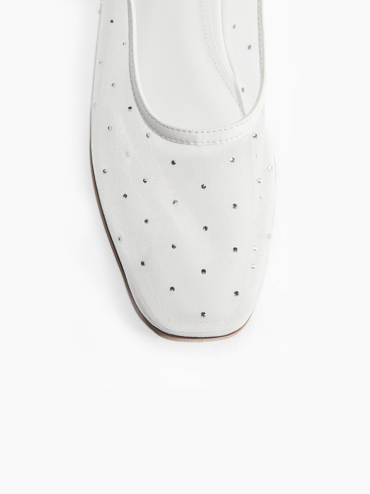 Rhinestone Mesh Square-Toe Ballet Flats - White