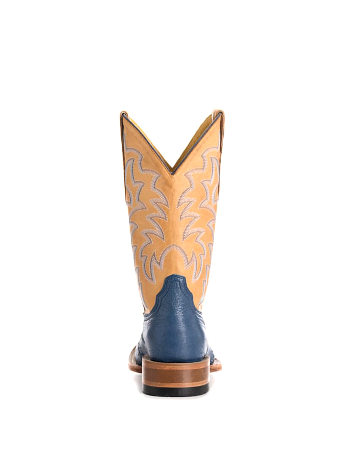 Contrast Honey And Blue Ostrich Print Square-Toe Embroidery Mid Calf Cowgirl Boots