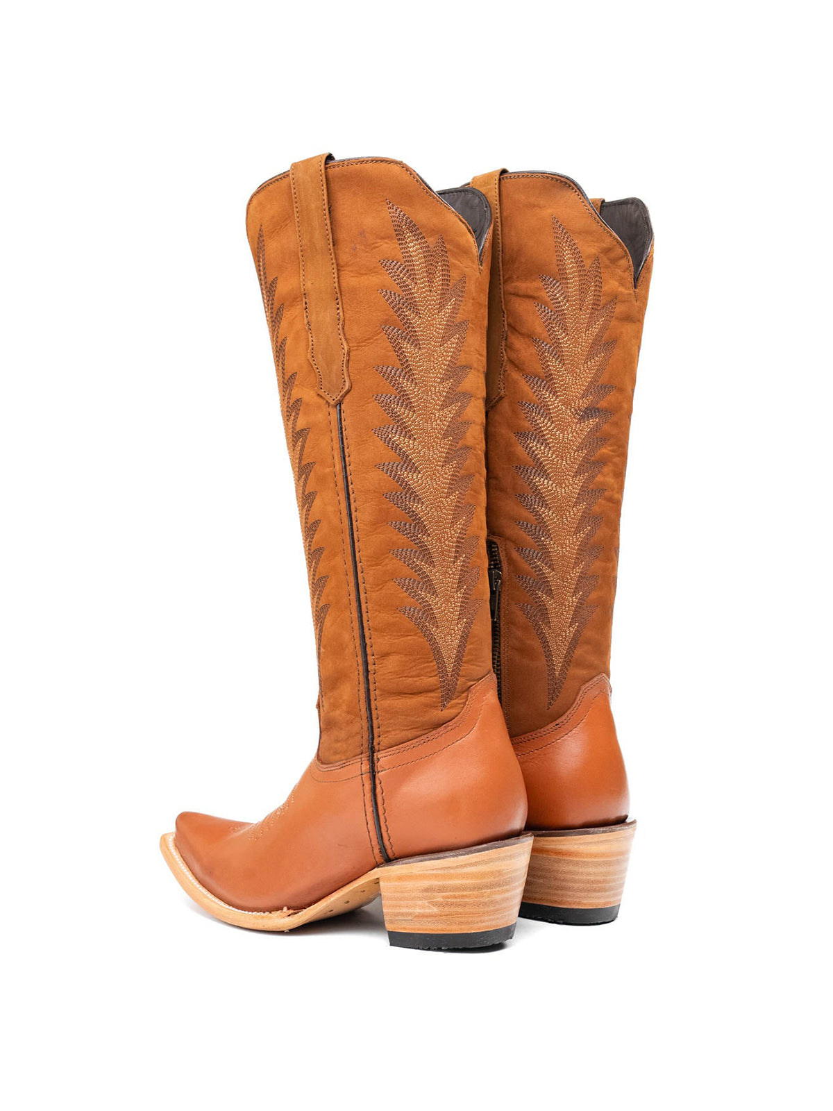Orange Vegan Leather Snip-Toe Embroidery Half-Zip Knee High Chic Cowgirl Boots