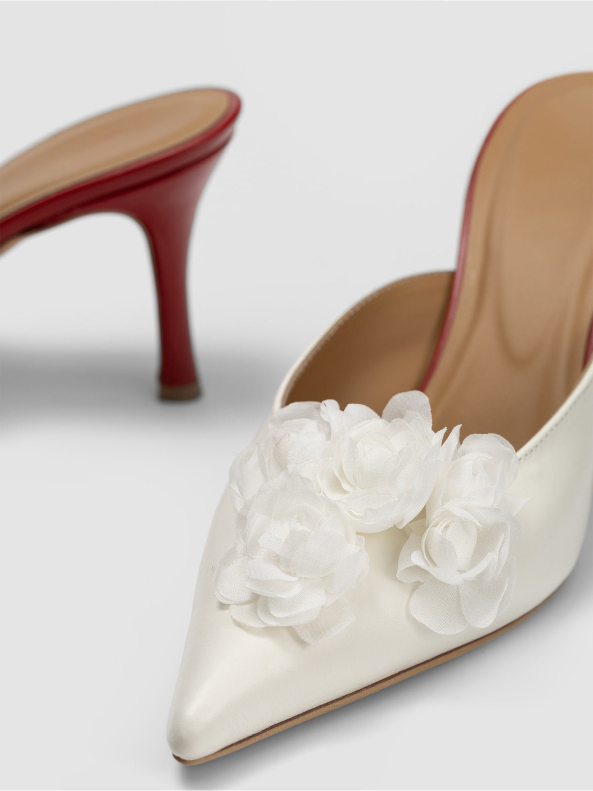 Ivory Pointed-Toe Front Floral Detail Backless Chic High Heels