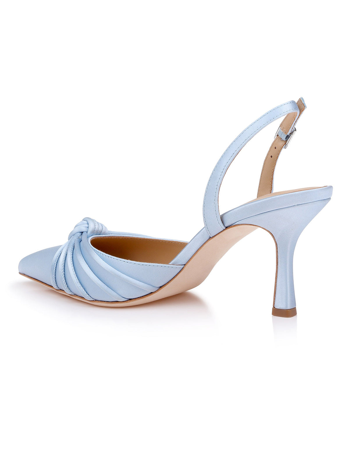 Blue Satin Pointed-Toe Front Knot And Slingback High Heels