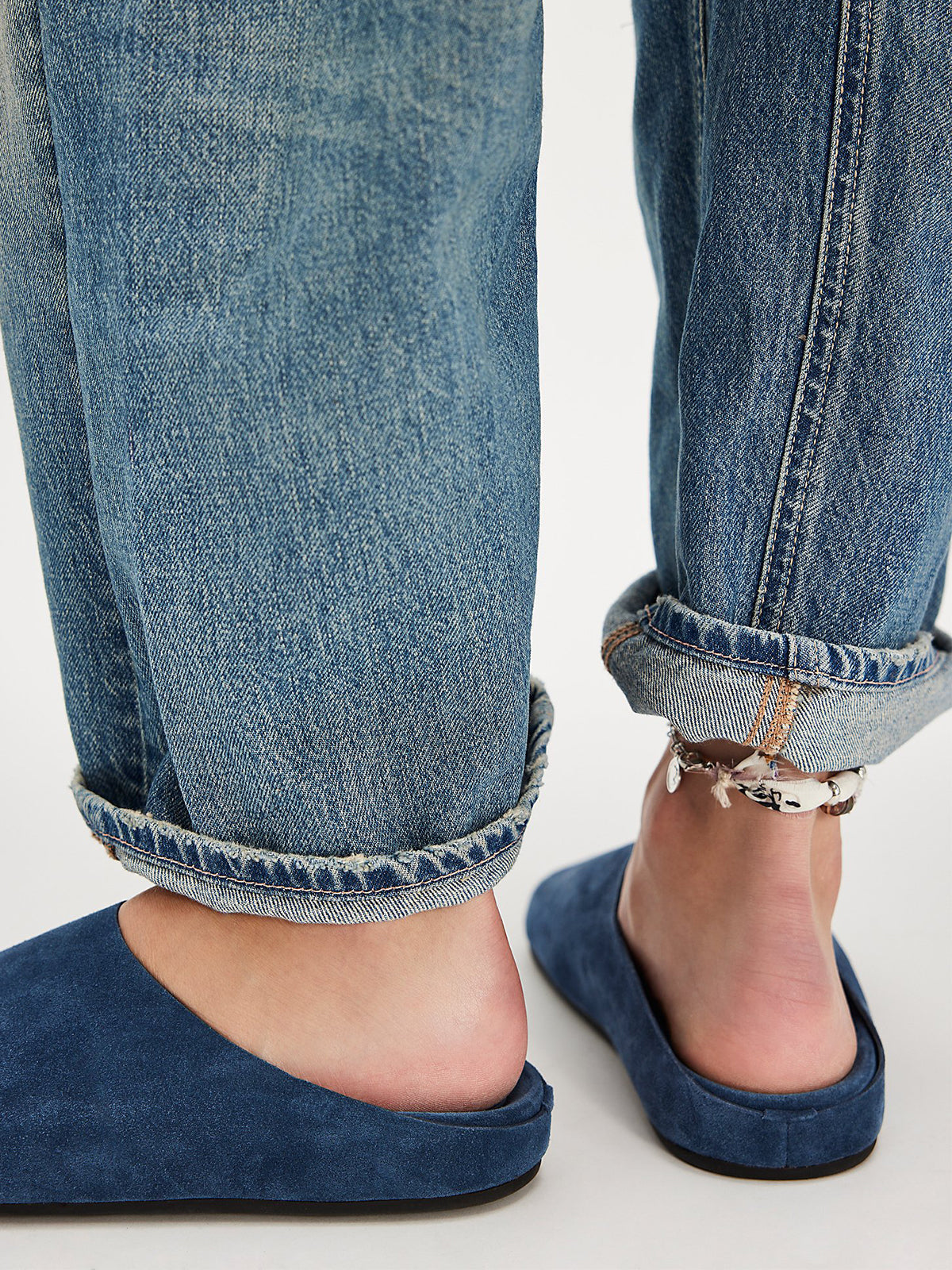 Blue Faux Suede Round-Toe Slip-On Backless Mules Flats