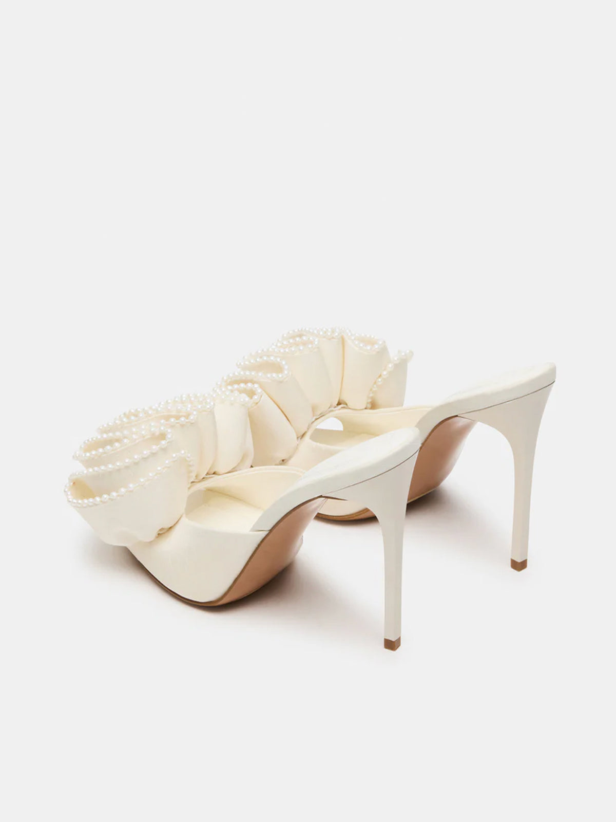 Pointed-Toe Slip-On Pearl Ruffle High Heels - Ivory