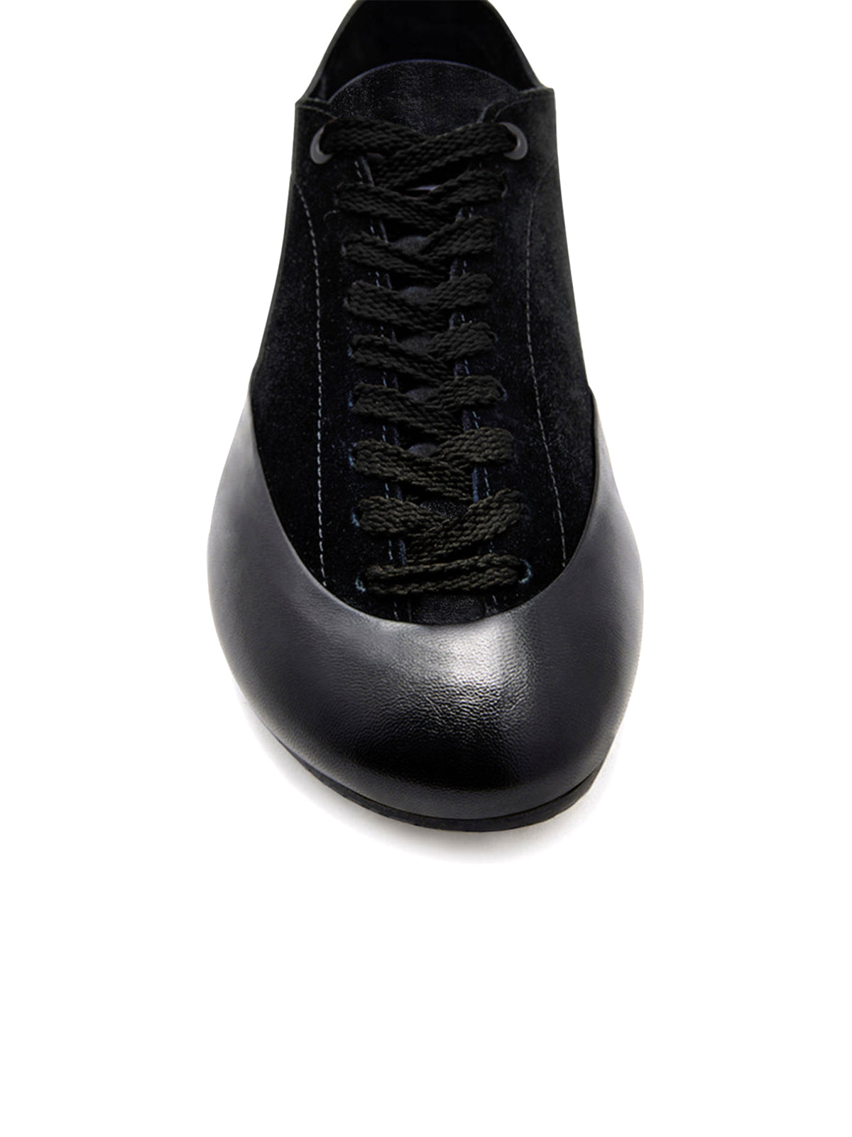 Black Vegan Leather And Faux Suede Round-Toe Lace-Up Sneakers Flats
