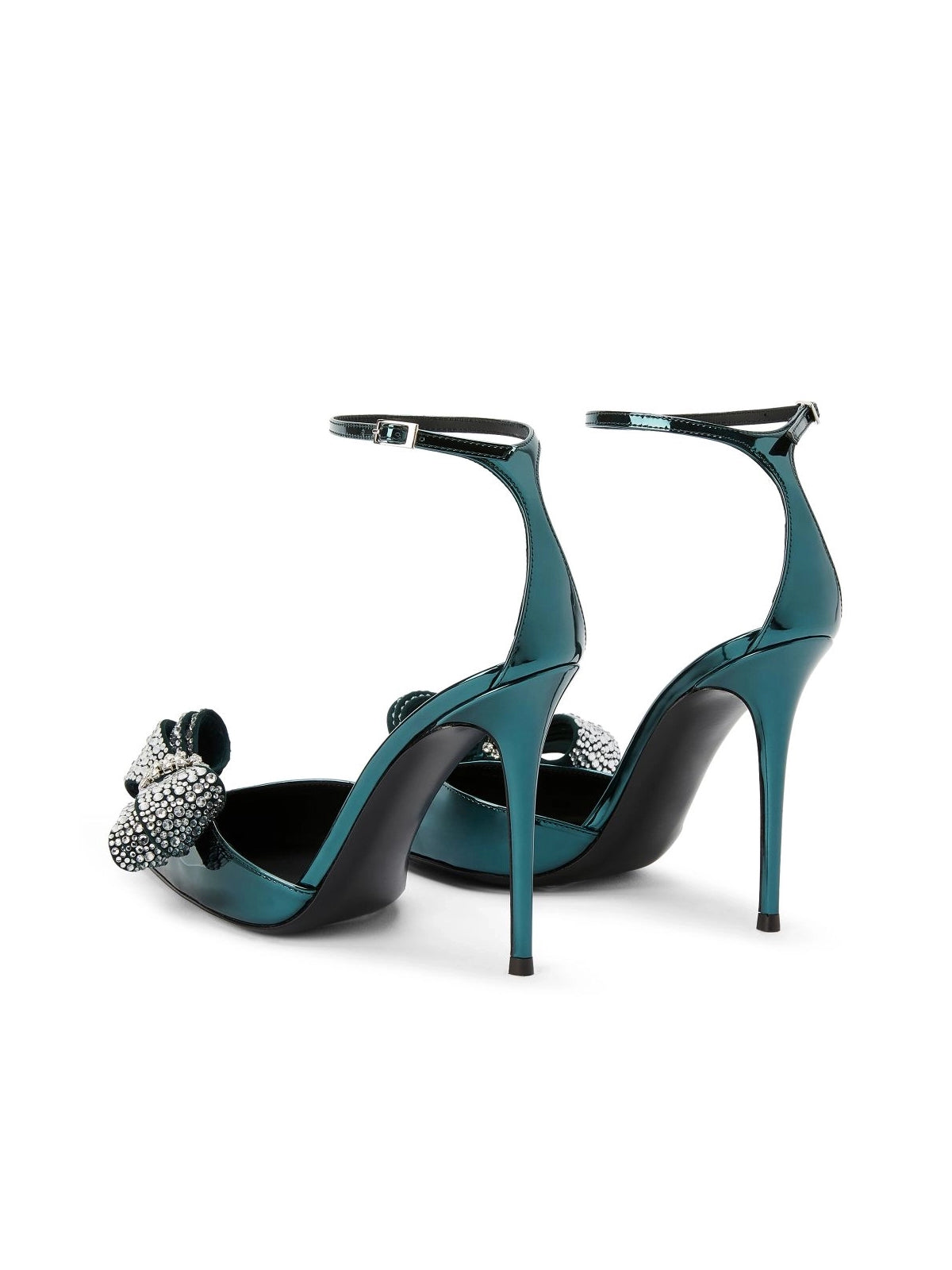 Patent Green Pointed-Toe Front Rhinestones Bow Ankle Strap High Heels