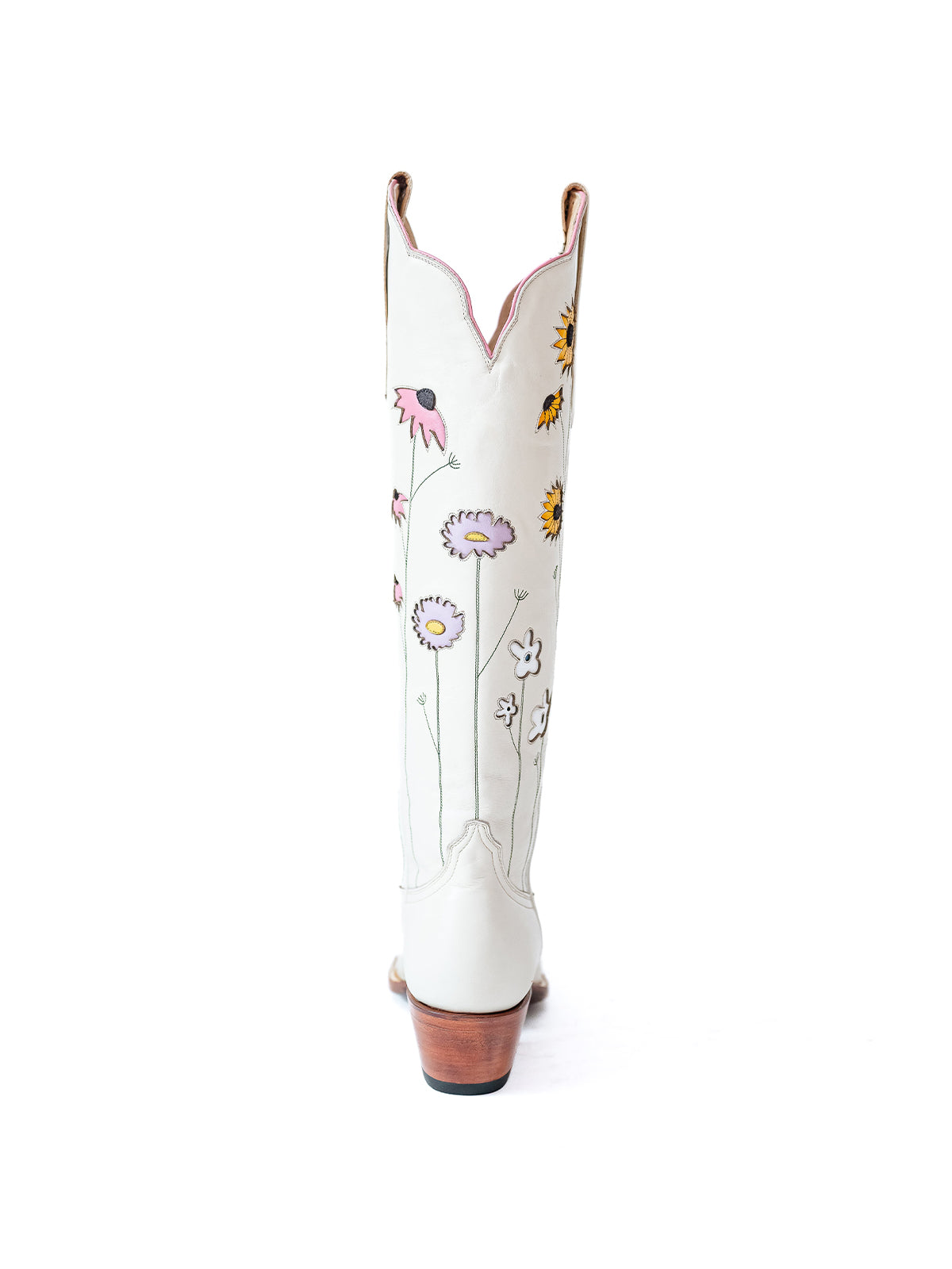 White Almond-Toe Colorful Flowers Inlay Wide Calf Knee High Cowgirl Boots