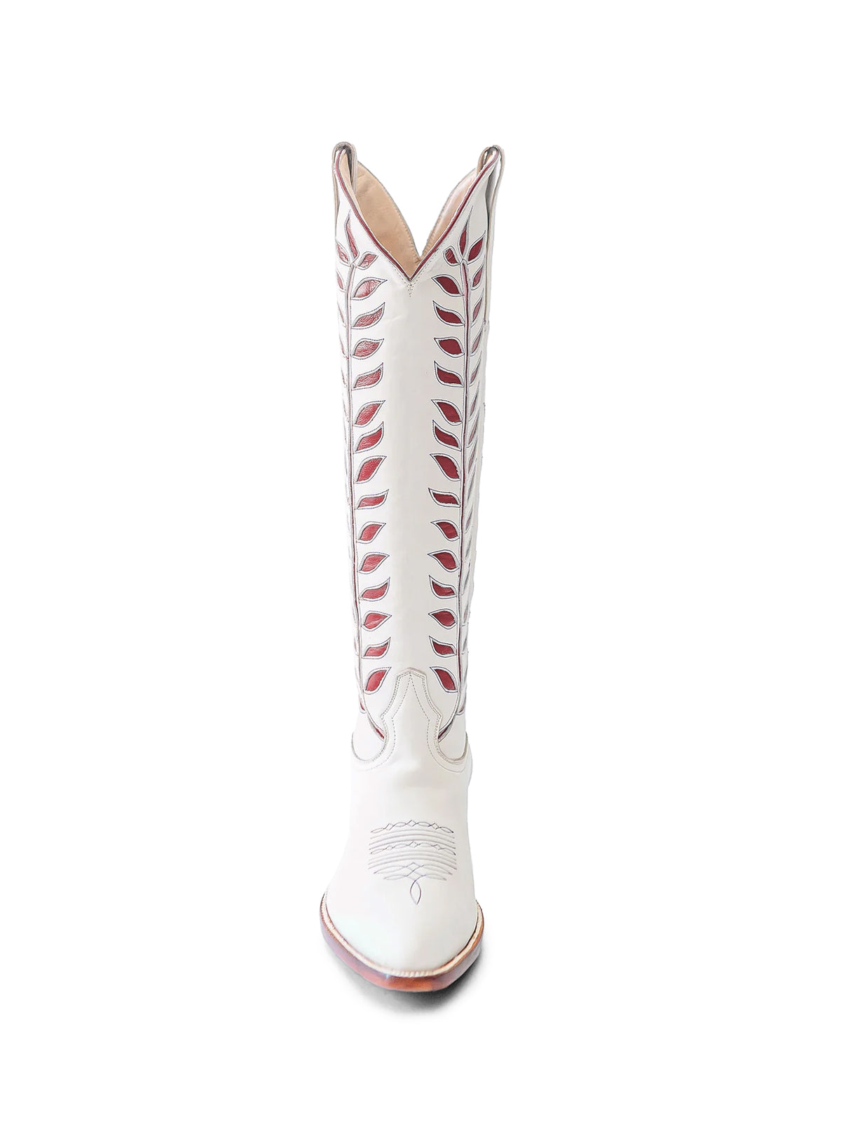 Almond-Toe Wine Red Leaves Inlay Wide Calf Tall Knee High Cowgirl Boots - White