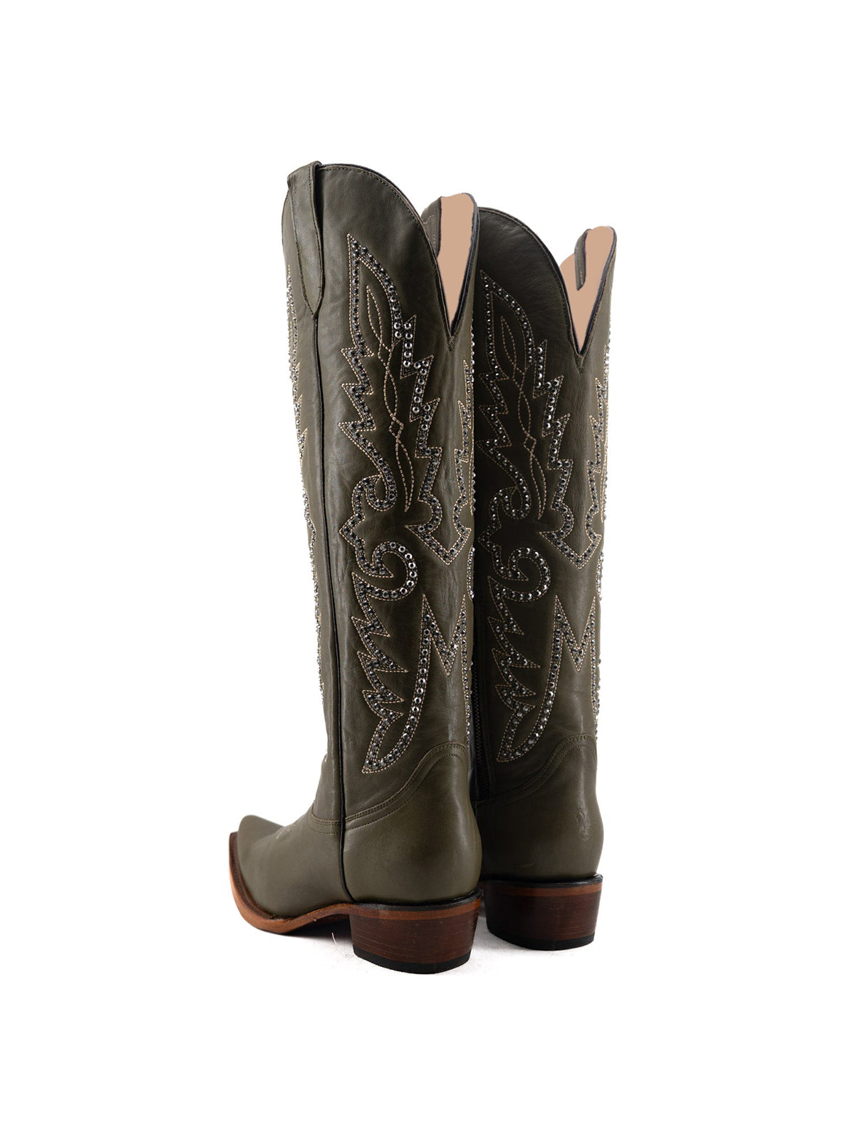 Studs And Embroidery Snip-Toe Classic Half-Zip Knee High Cowgirl Boots – Green