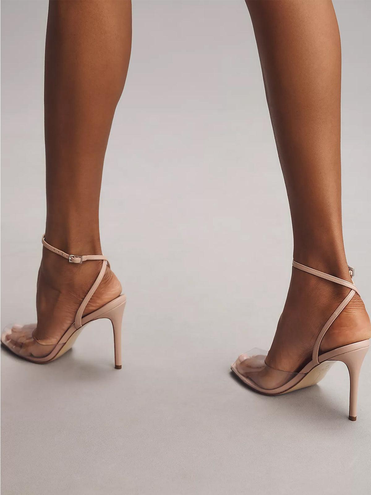 Light Pink And Transparent Film TPU Square-Toe Ankle Strap High Heels