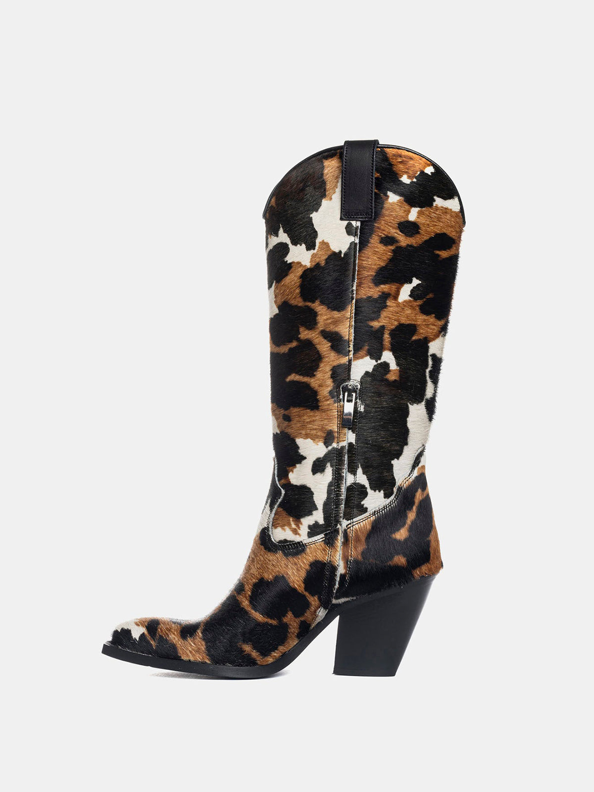Cow Print Pony Hair Snip-Toe Simple Half-Zip Mid Calf Cowgirl Boots