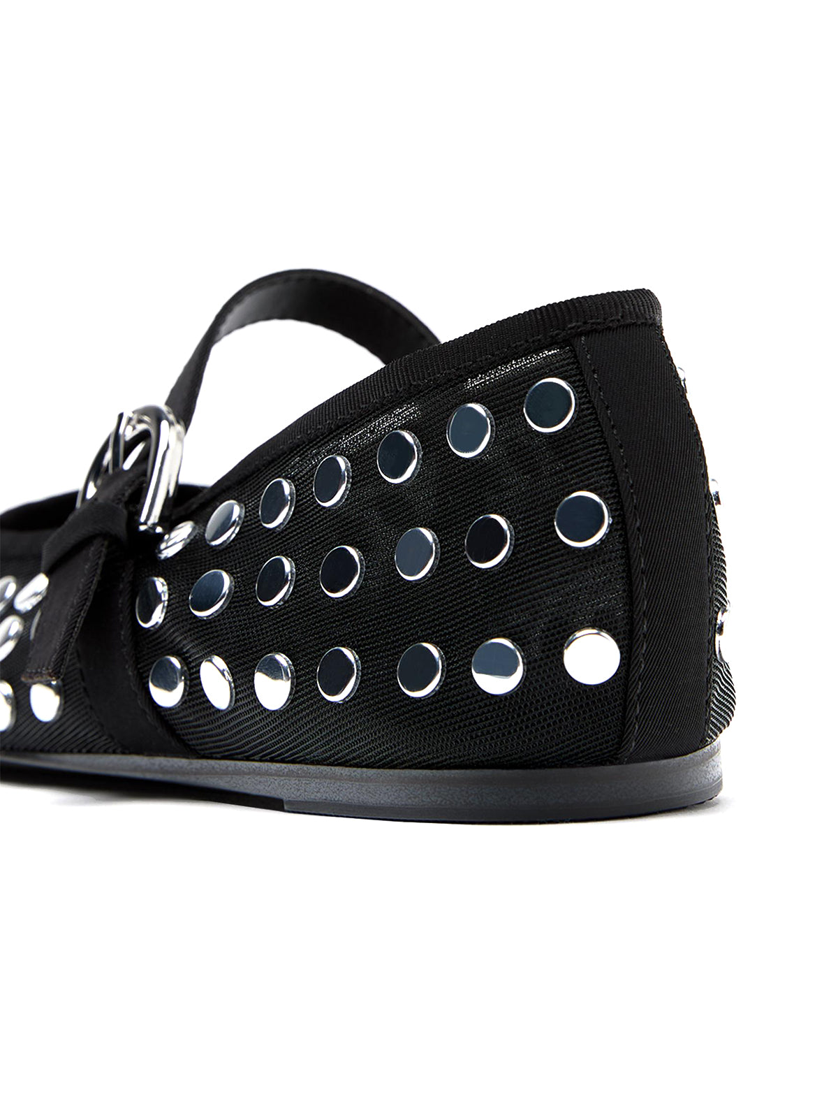 Black Mesh Round-Toe Full Studs And Buckle Mary Jane Ballet Flats