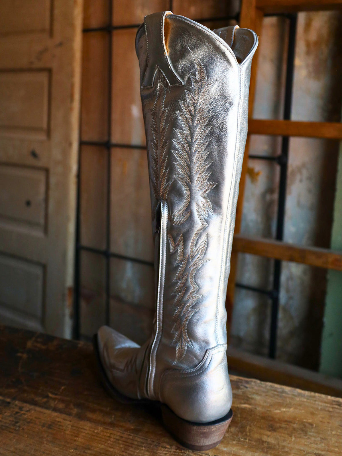 Metallic Silver Half-Zip Snip-Toe Embroidery Tall Knee High Cowgirl Boots