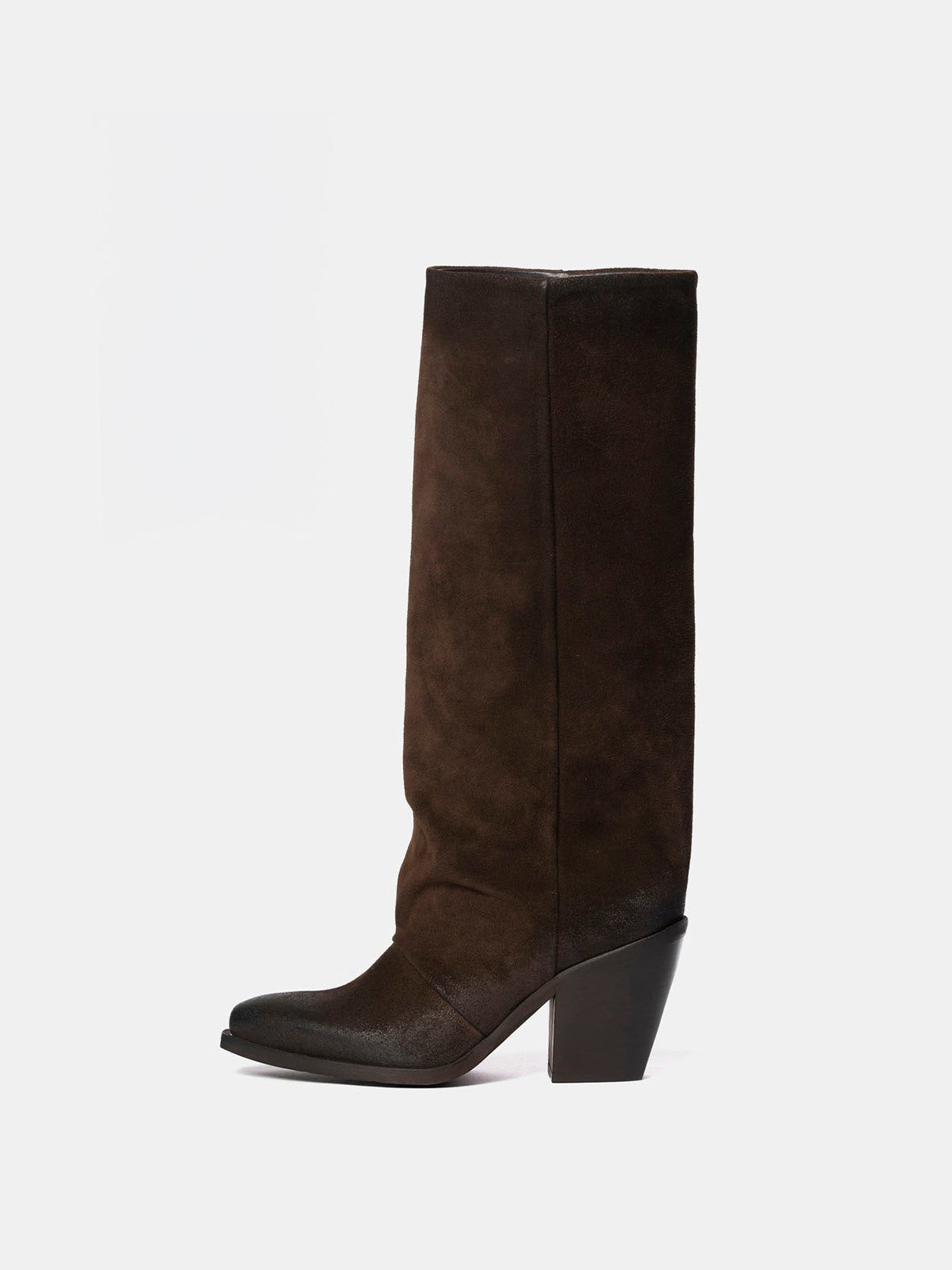 Dark Brown Faux Suede Snip-Toe Simple Wide Calf Knee High Classic Cowgirl Boots