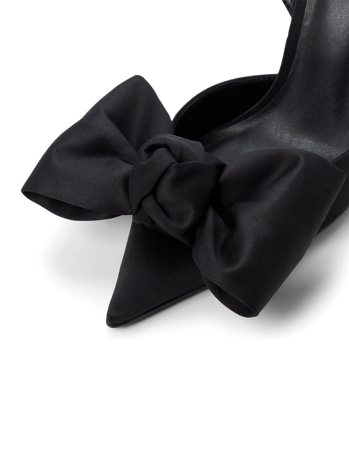 Black Satin Pointed-Toe Front Big Bow Slip-On Slingback High Heels