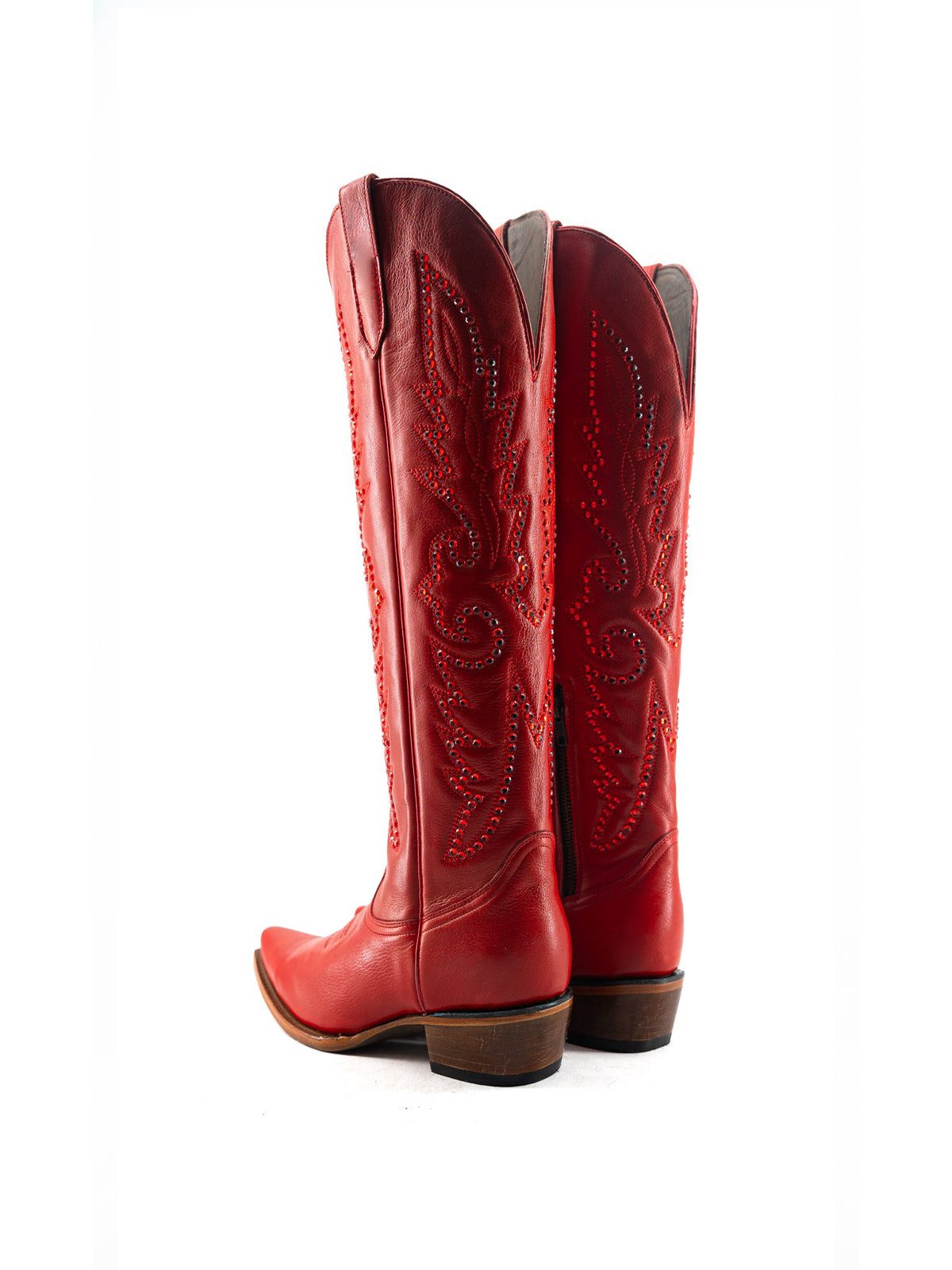 Studs And Embroidery Snip-Toe Classic Half-Zip Knee High Cowgirl Boots – Red