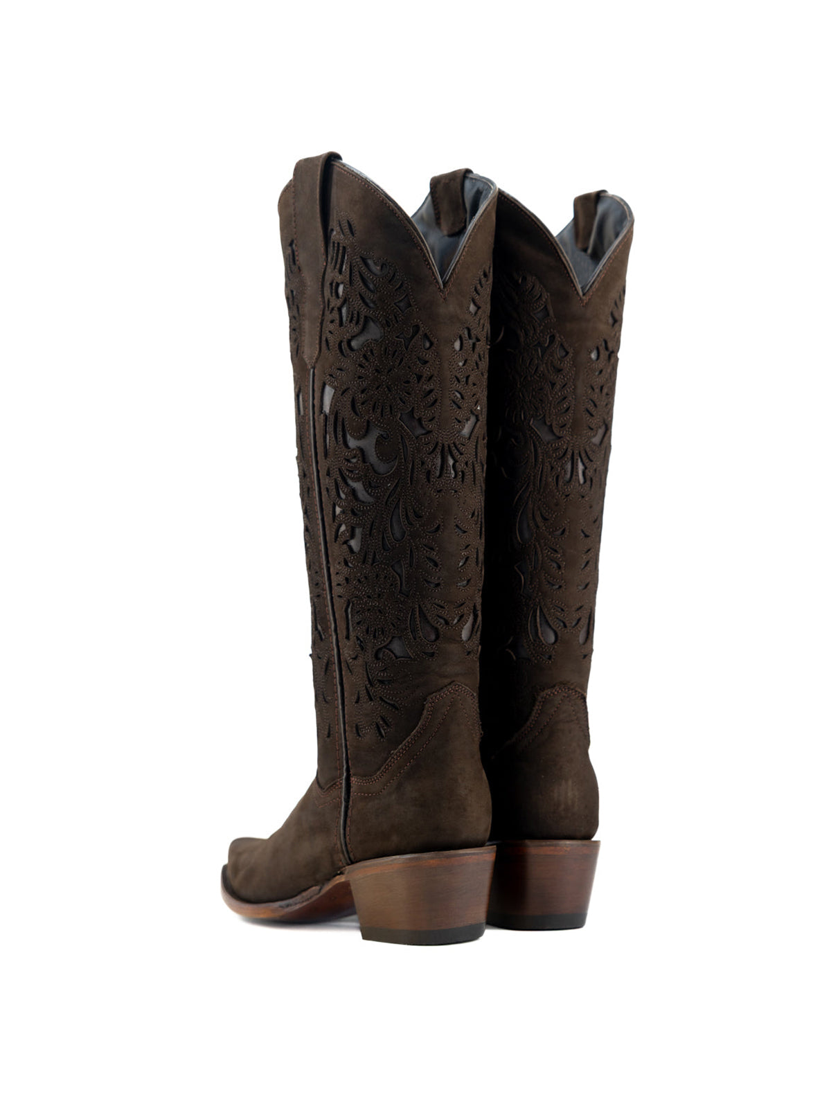 Brown Faux Suede Snip-Toe Chic Inlay Wide Calf Knee High Sleek Cowgirl Boots