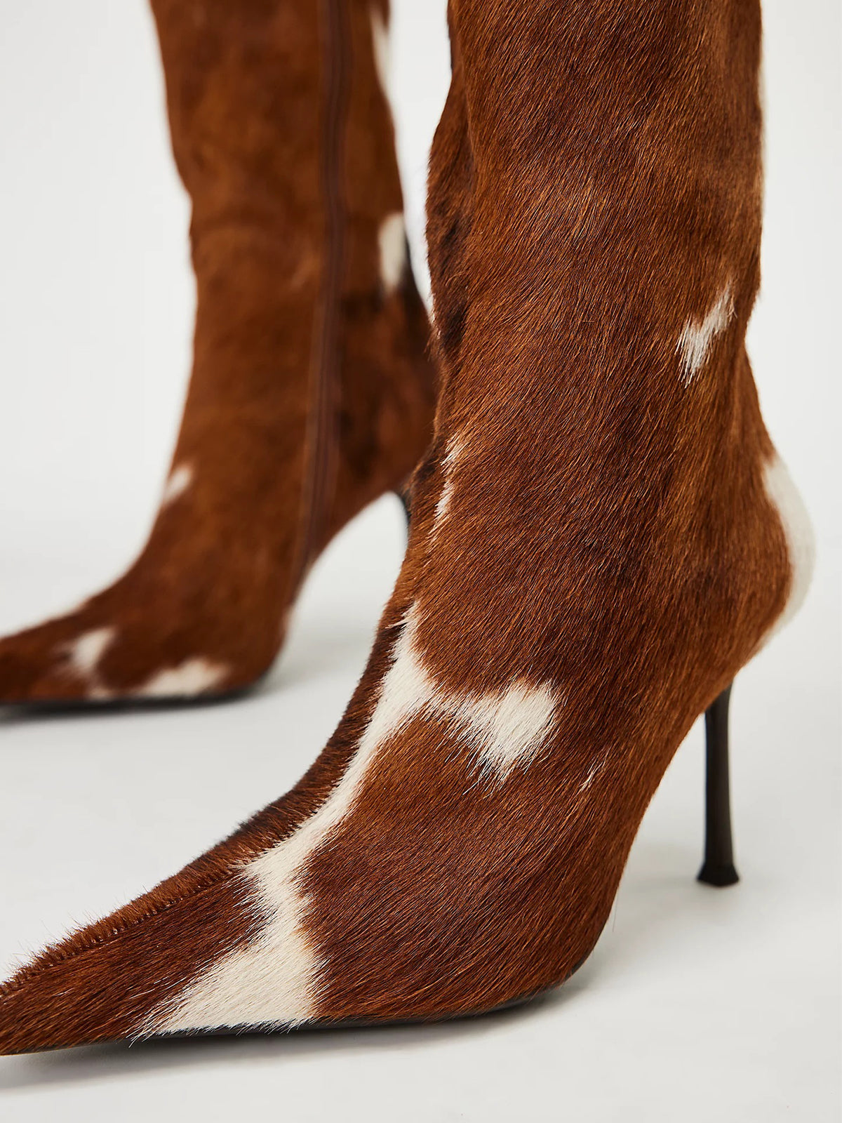 Cow Print Pony Hair Vegan Leather Pointed-Toe Full-Zip Mid Calf Stiletto Boots