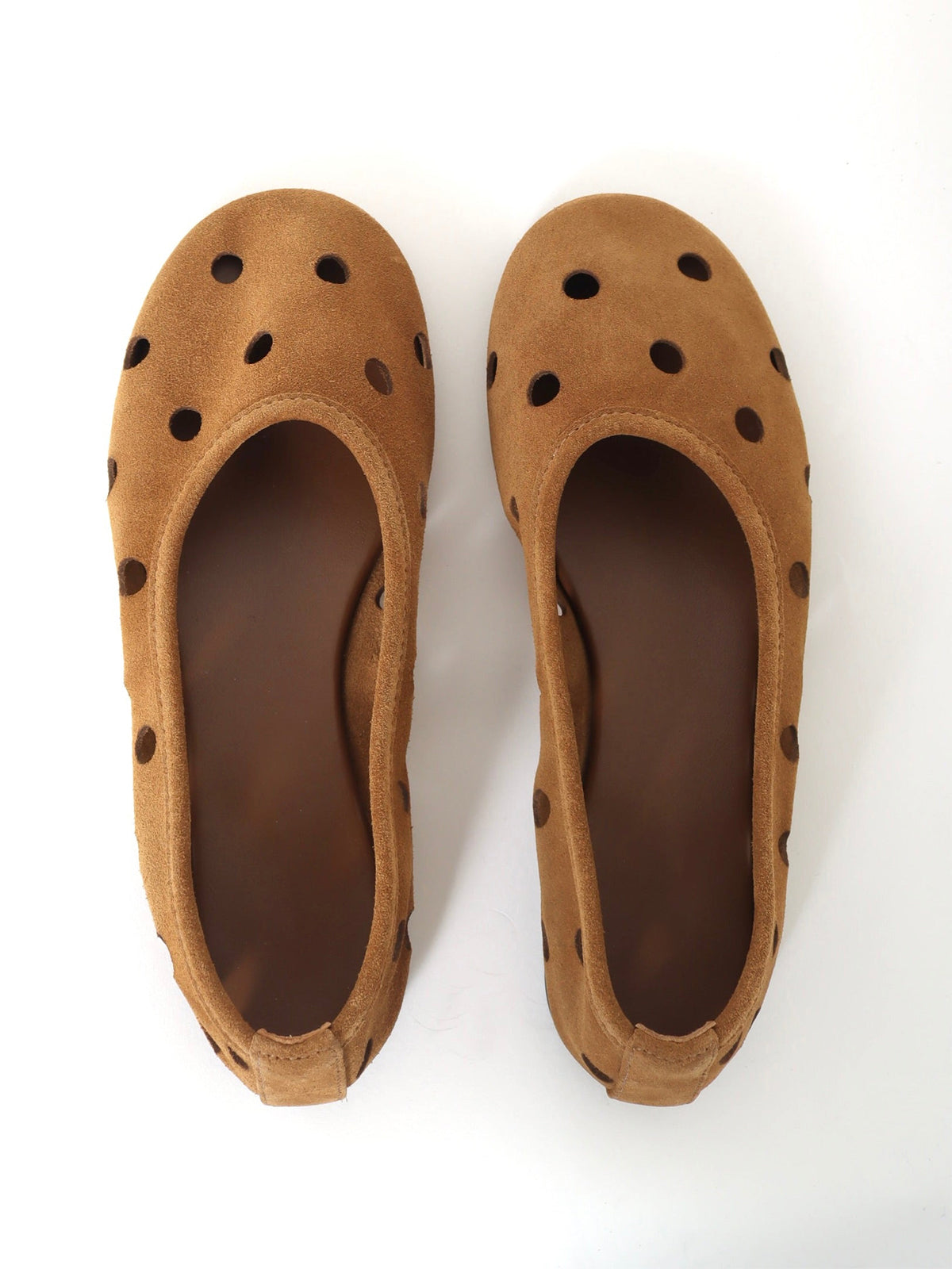 Caramel Cow Suede Round-Toe Cutout Slip-On Ballet Flats